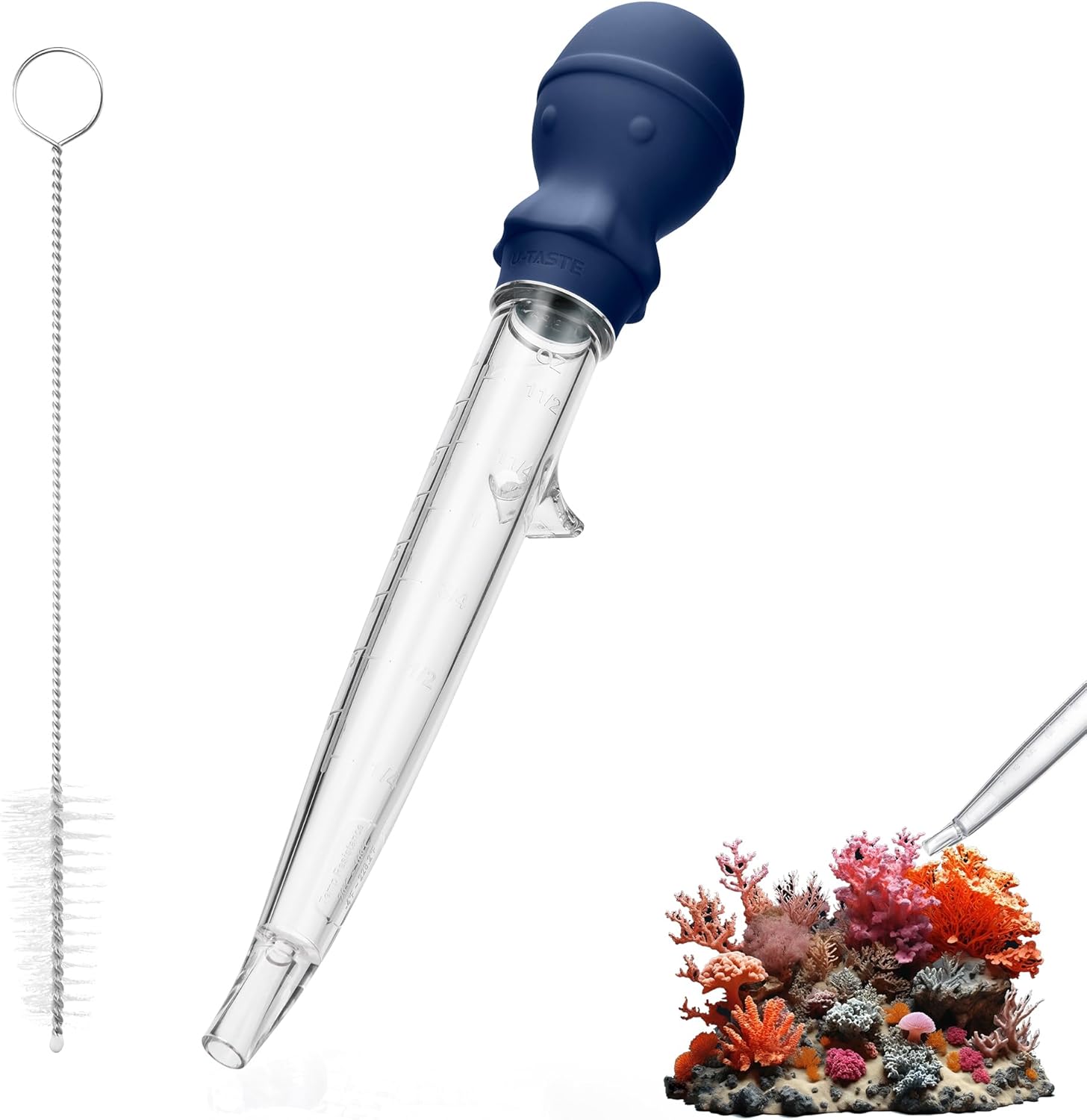 Aquarium Pipette Cleaner: 1.5oz Coral Feeder for Fish Tank Cleaning, Manual Feeding Tube, Food Grade Siphon Dropper, Waste Remover with Strong Suction & Stand & Brush (11.98in, Midnight Blue) - Image 1