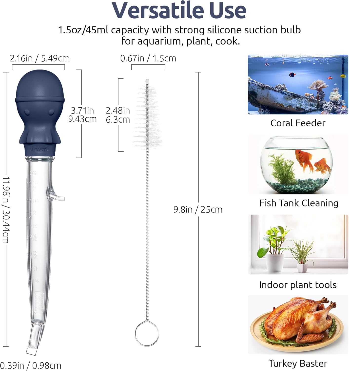 Aquarium Pipette Cleaner: 1.5oz Coral Feeder for Fish Tank Cleaning, Manual Feeding Tube, Food Grade Siphon Dropper, Waste Remover with Strong Suction & Stand & Brush (11.98in, Midnight Blue) - Image 2