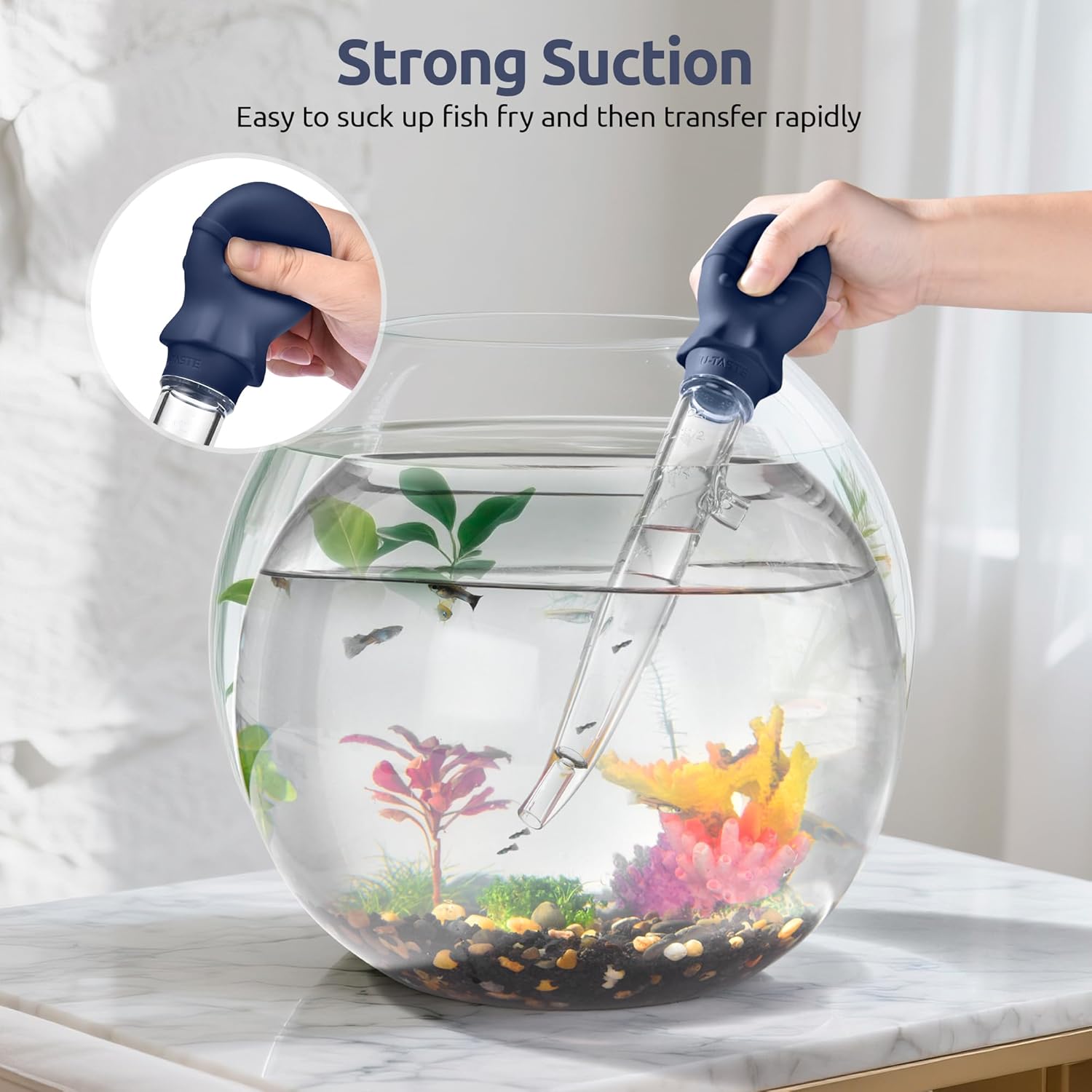 Aquarium Pipette Cleaner: 1.5oz Coral Feeder for Fish Tank Cleaning, Manual Feeding Tube, Food Grade Siphon Dropper, Waste Remover with Strong Suction & Stand & Brush (11.98in, Midnight Blue) - Image 3