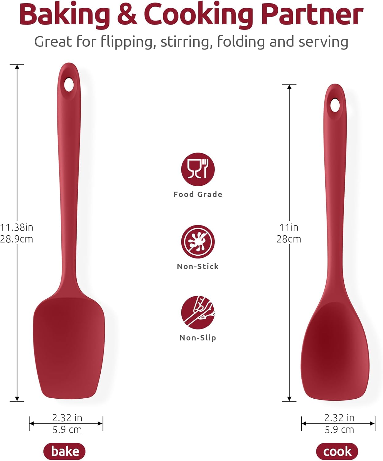 600ºF Heat Resistant Silicone Spoons:  Flexible Baking Spoon Spatula & Cooking Scoop Spoonula, Seamless Soft Kitchen Utensils for Serving, Scraping, Scooping in Non-Stick Cookware (Red) - Image 2