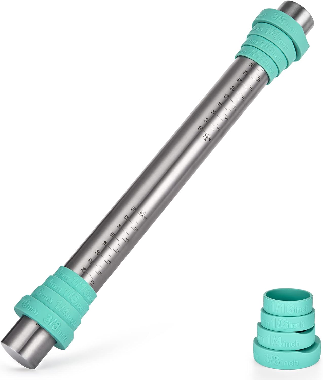 18/8 Stainless Steel 16 inch Adjustable Rolling Pin with Silicone Removable Thickness Rings, Nonstick Kitchen Roller Pin for Baking Cookies Pastry Pizza Pasta Dough Fondant (Teal/Aqua Sky) - Image 1