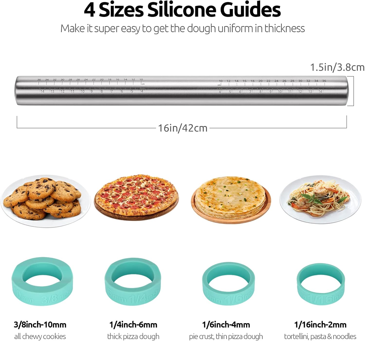 18/8 Stainless Steel 16 inch Adjustable Rolling Pin with Silicone Removable Thickness Rings, Nonstick Kitchen Roller Pin for Baking Cookies Pastry Pizza Pasta Dough Fondant (Teal/Aqua Sky) - Image 2