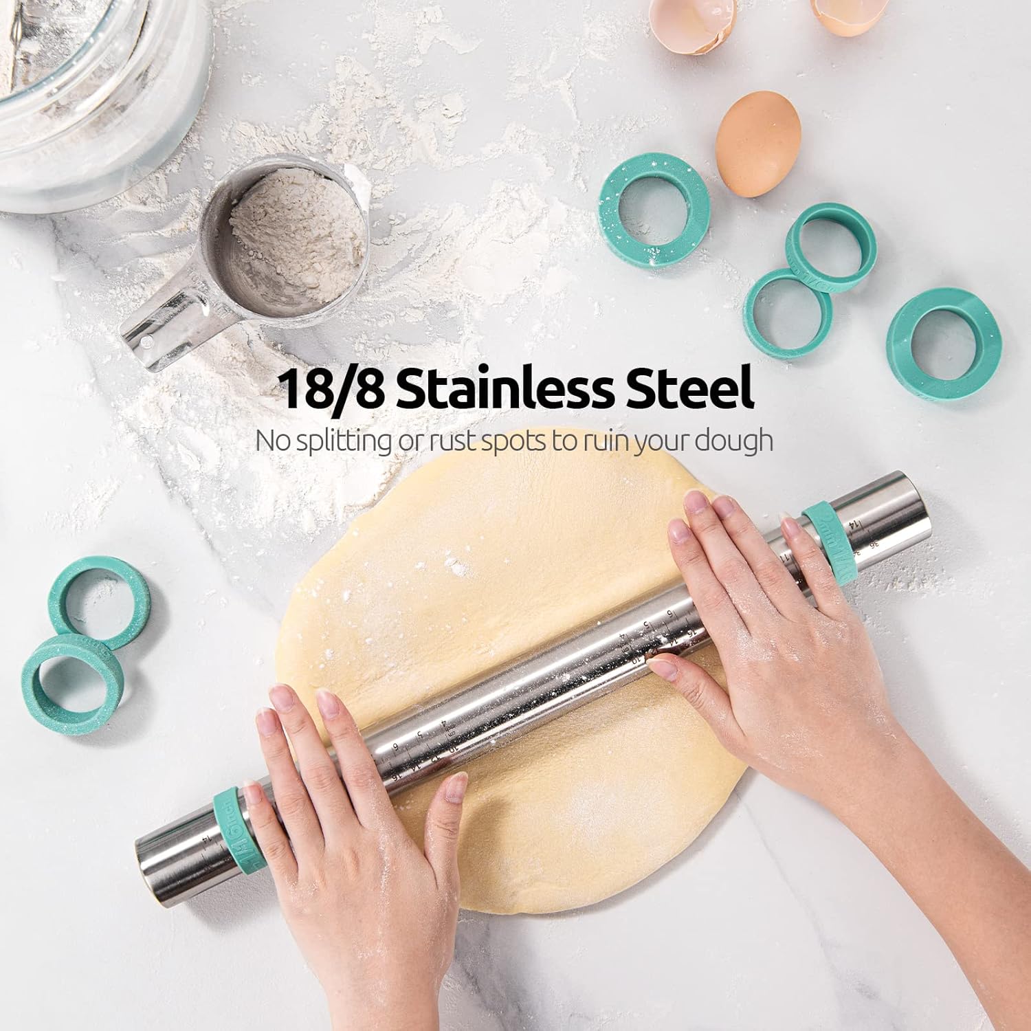 18/8 Stainless Steel 16 inch Adjustable Rolling Pin with Silicone Removable Thickness Rings, Nonstick Kitchen Roller Pin for Baking Cookies Pastry Pizza Pasta Dough Fondant (Teal/Aqua Sky) - Image 3