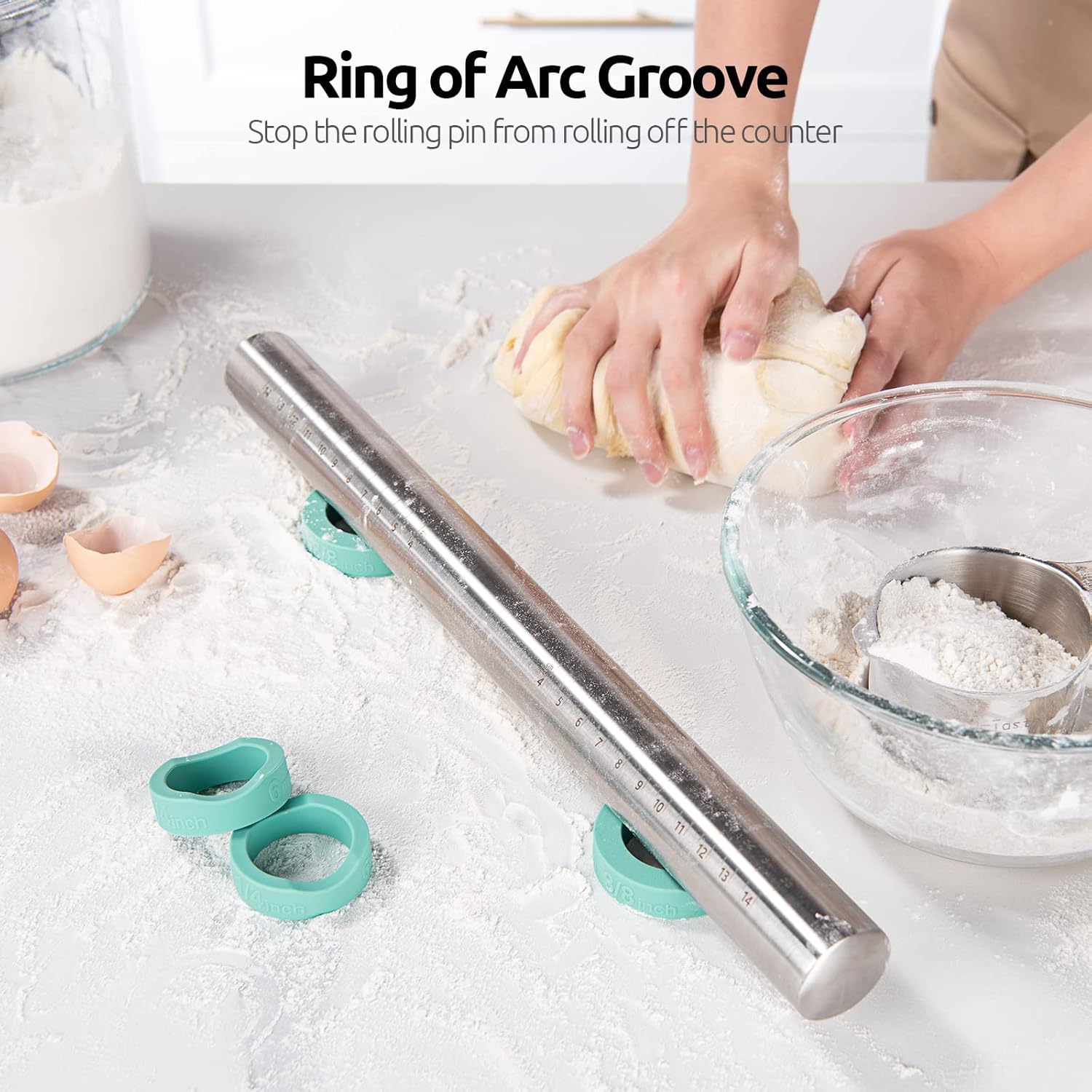18/8 Stainless Steel 16 inch Adjustable Rolling Pin with Silicone Removable Thickness Rings, Nonstick Kitchen Roller Pin for Baking Cookies Pastry Pizza Pasta Dough Fondant (Teal/Aqua Sky) - Image 4