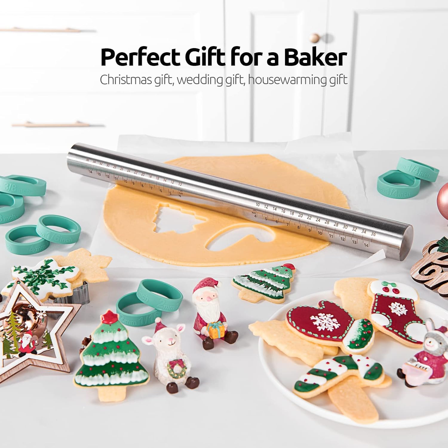 18/8 Stainless Steel 16 inch Adjustable Rolling Pin with Silicone Removable Thickness Rings, Nonstick Kitchen Roller Pin for Baking Cookies Pastry Pizza Pasta Dough Fondant (Teal/Aqua Sky) - Image 8