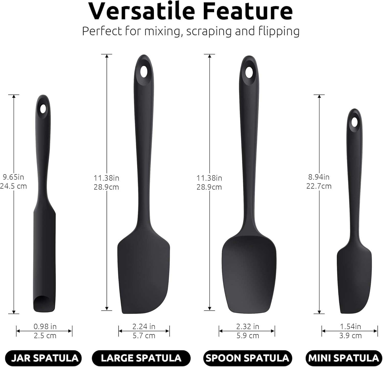 600ºF Heat Resistant Silicone Spatulas: Kitchen Cooking Mixing Utensils (4PCS, Black) and 8