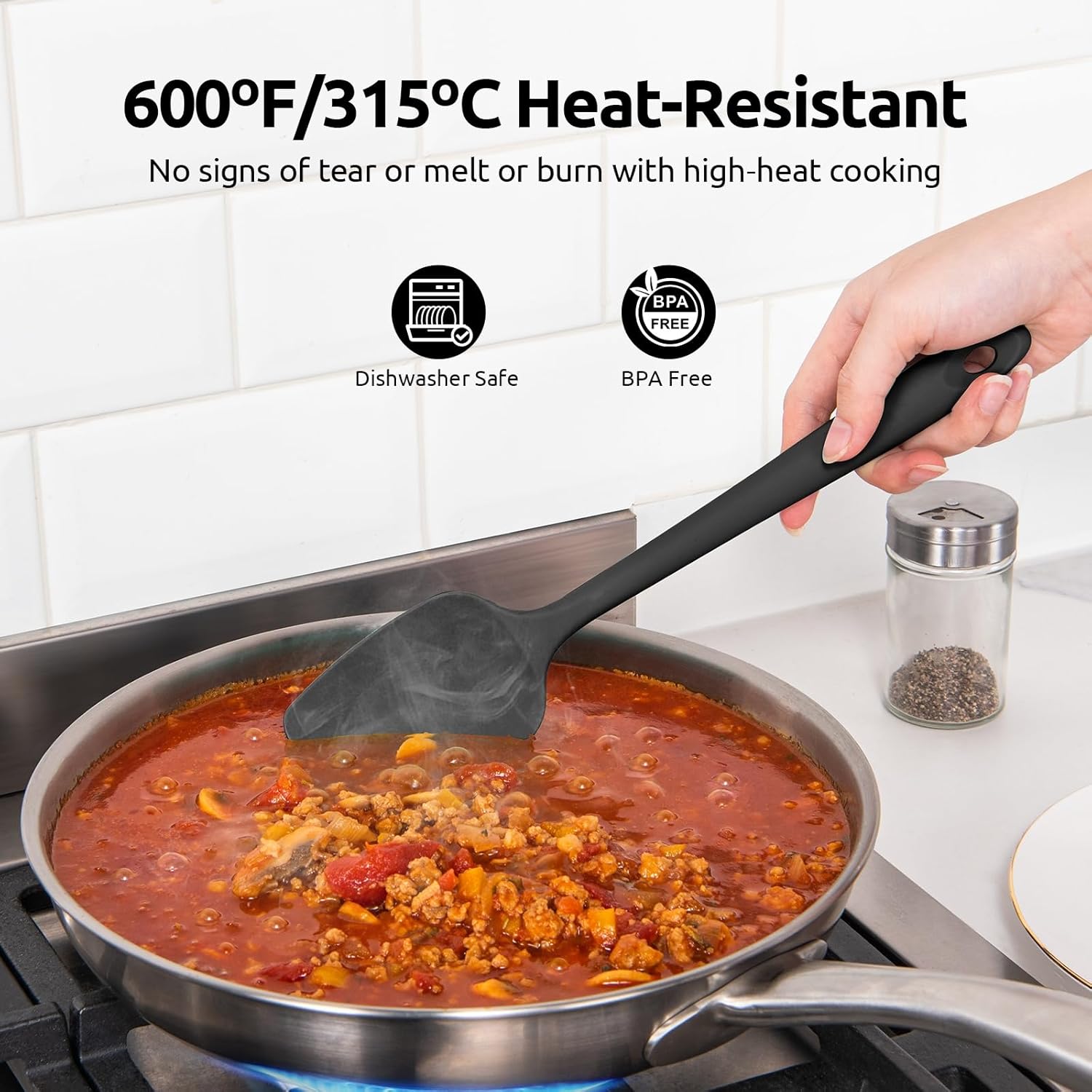 600ºF Heat Resistant Silicone Spatulas: Kitchen Cooking Mixing Utensils (4PCS, Black) and 8