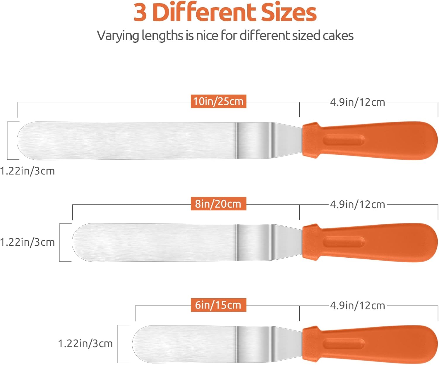 Icing Spatula,  Stainless Steel Angled Cake Decorating Frosting Spatula Set of 3 (Orange), and 8