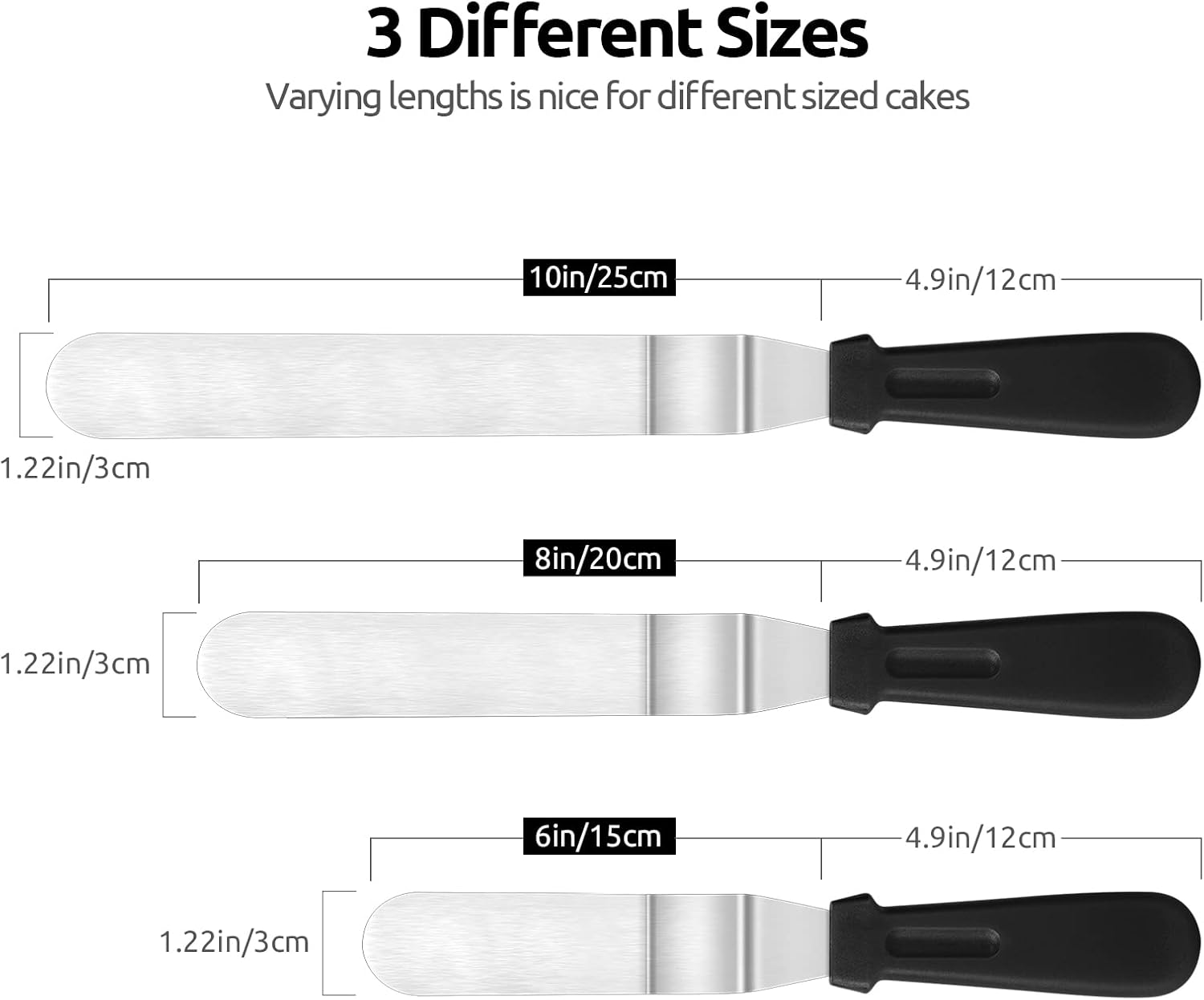 Icing Spatula,  Stainless Steel Angled Cake Decorating Frosting Spatula Set of 3 (Black), and 8