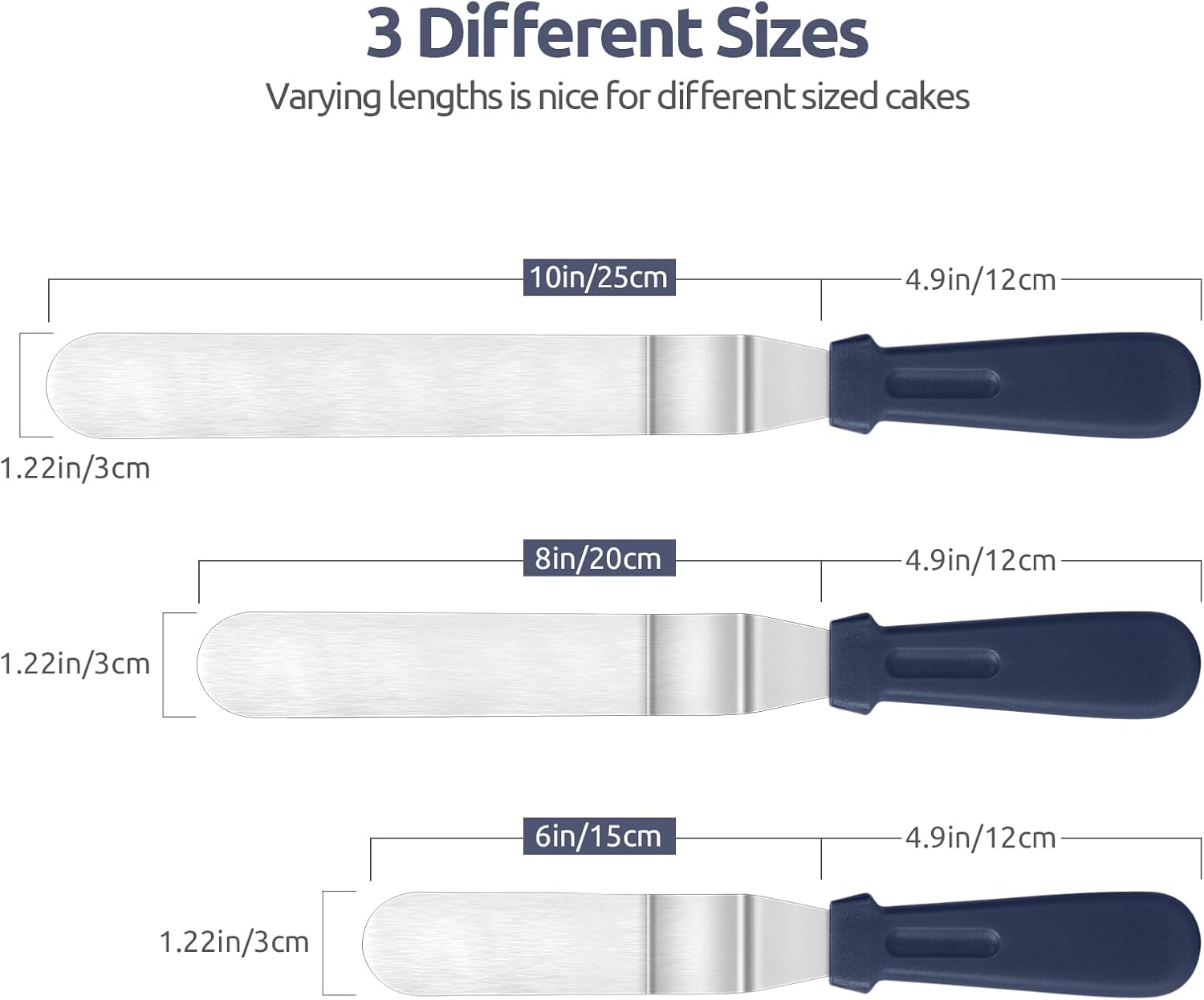 Icing Spatula,  Stainless Steel Angled Cake Decorating Frosting Spatula Set of 3 (Midnight Blue), and 8