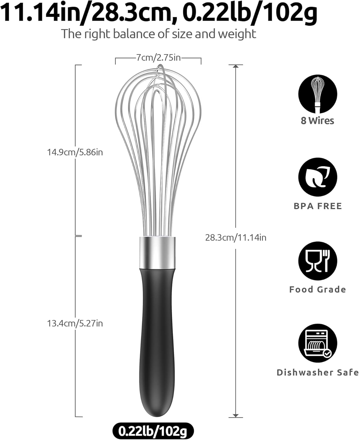 Balloon Whisk for Cooking: 18/10 Stainless Steel Medium Kitchen Wire Whisk (Black) and 8