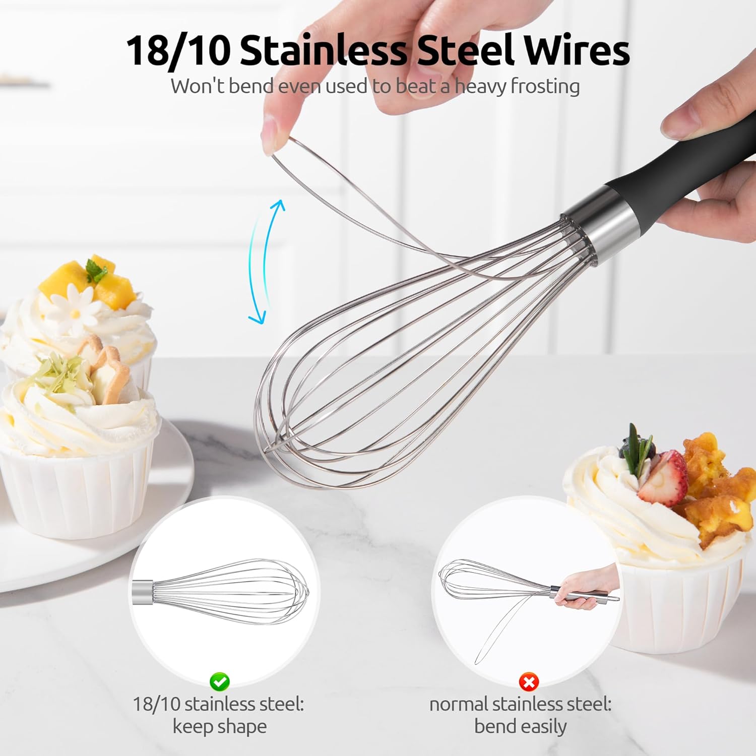 Balloon Whisk for Cooking: 18/10 Stainless Steel Medium Kitchen Wire Whisk (Black) and 8