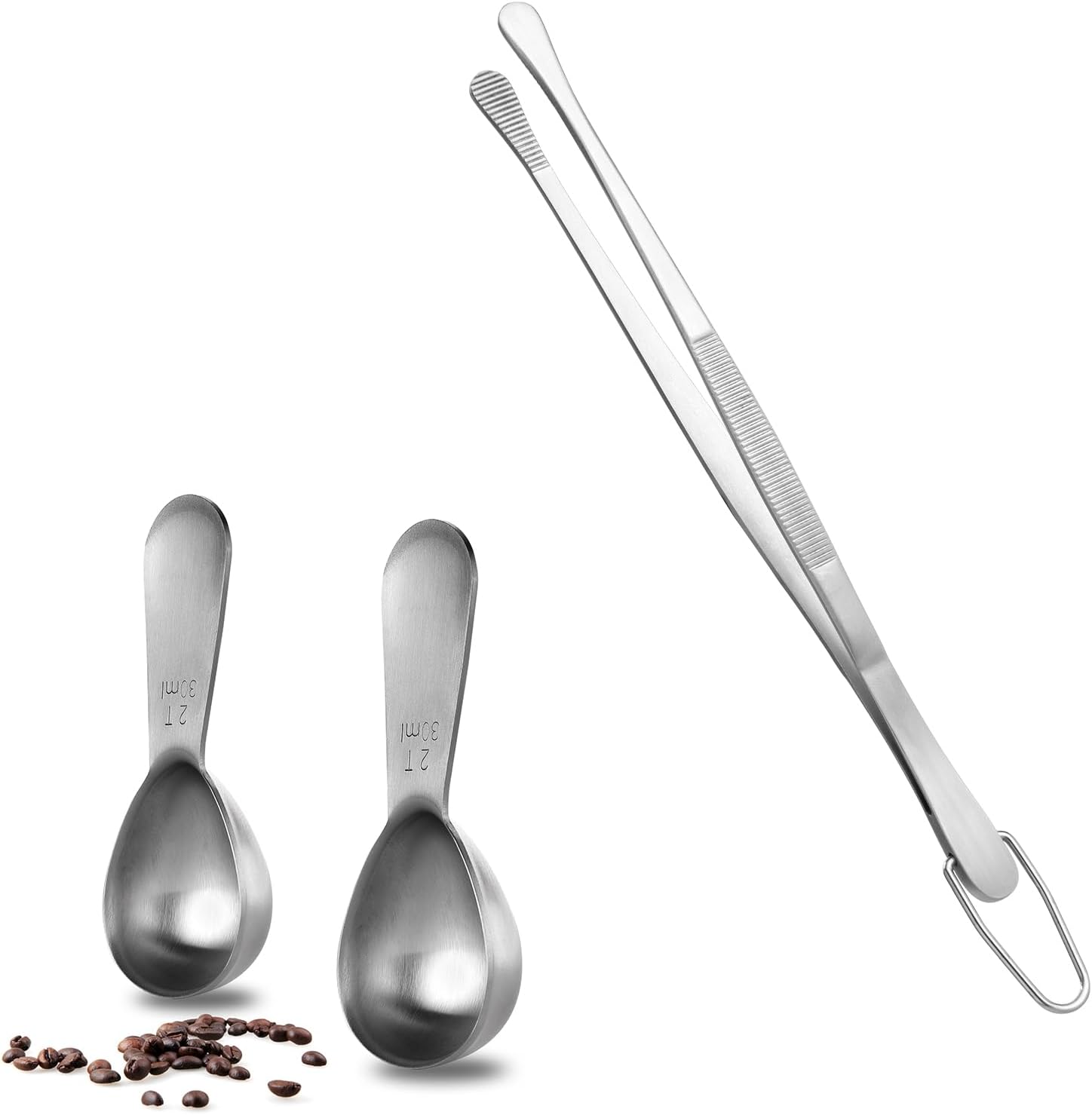 2 Tablespoon Metal Measuring Spoon Set of 2 with Short Handled Measure Scooper (Silver, 2Tbsp/30ml) and 8in Kitchen Plating Tweezer:18/8 Stainless Steel Food-Grade Metal Food Tong (Round Tip) - Image 1
