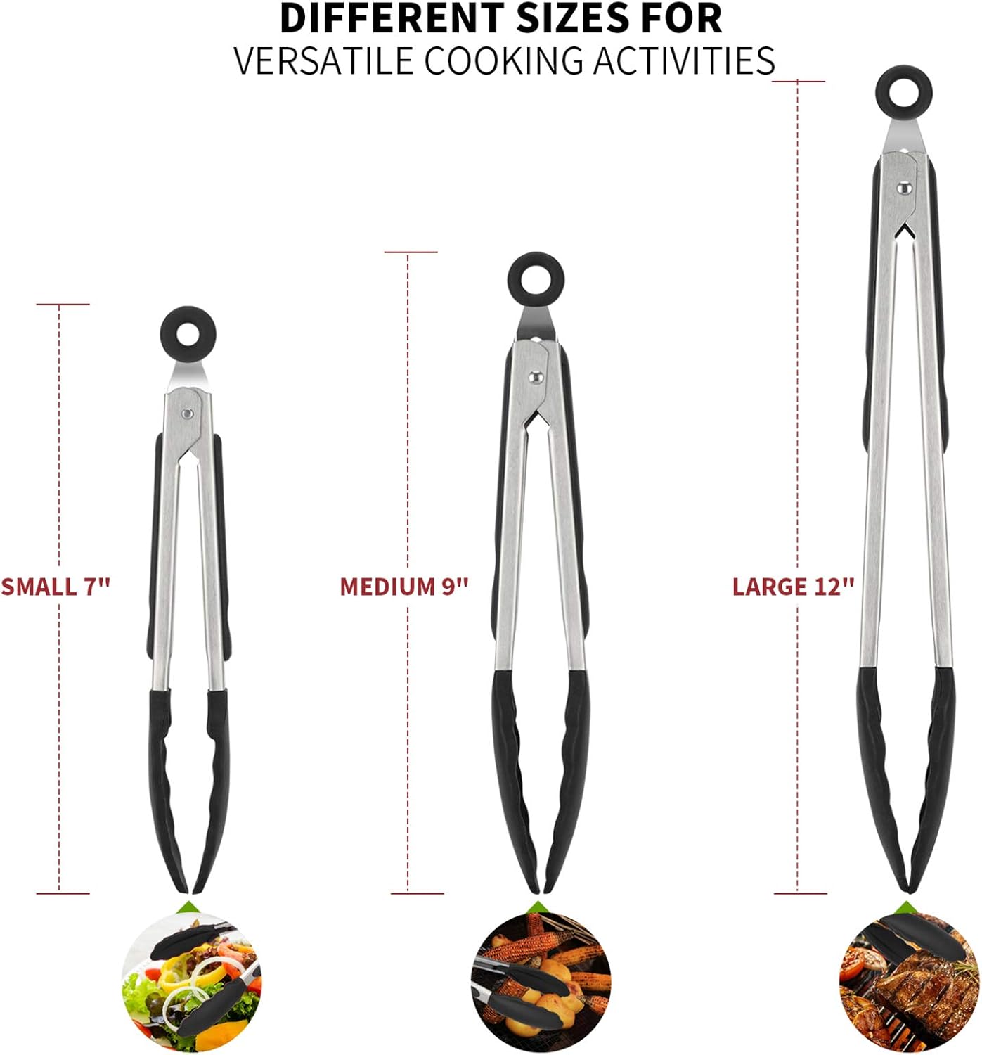 600ºF Heat Resistant 7/9/12 inches Silicone Cooking Tongs with Non Stick Rubber Tips (Black) and 8
