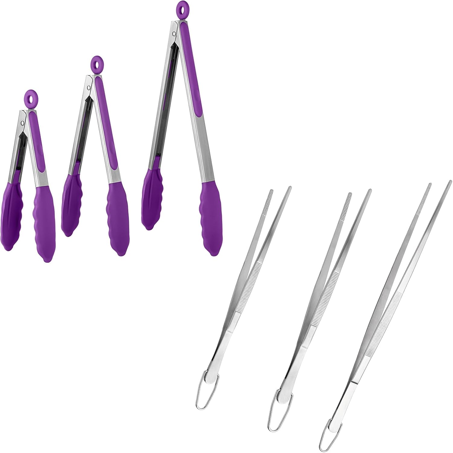 600ºF Heat Resistant 7/9/12 inches Silicone Cooking Tongs with Non Stick Rubber Tips (Purple) and 8