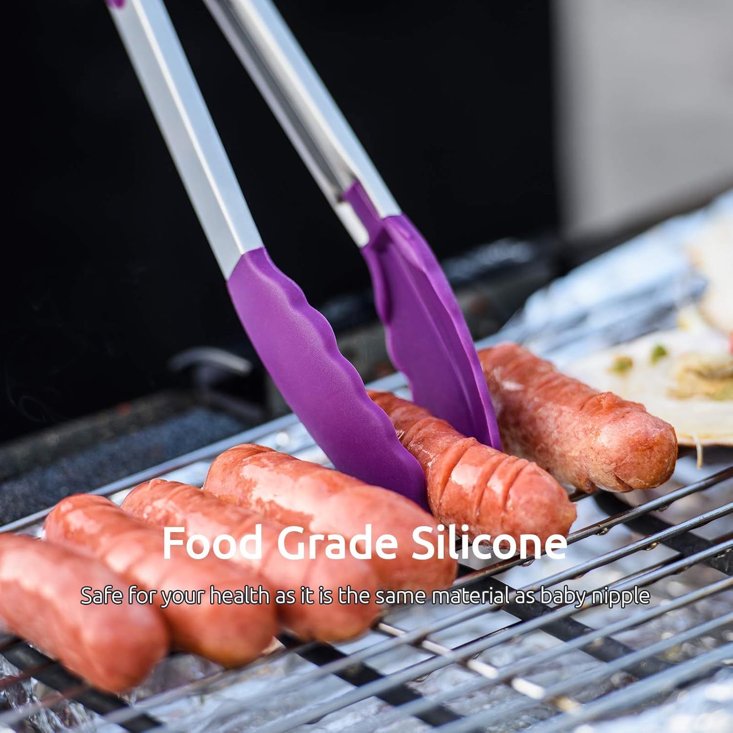 600ºF Heat Resistant 7/9/12 inches Silicone Cooking Tongs with Non Stick Rubber Tips (Purple) and 8