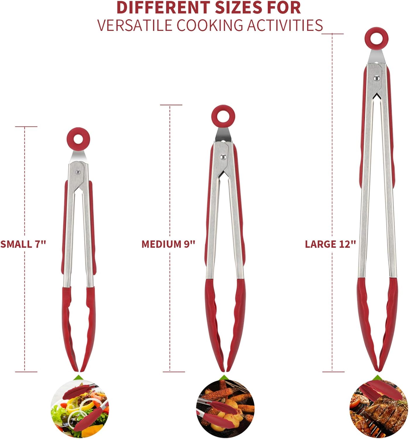 600ºF Heat Resistant 7/9/12 inches Silicone Cooking Tongs with Non Stick Rubber Tips (Red) and 8