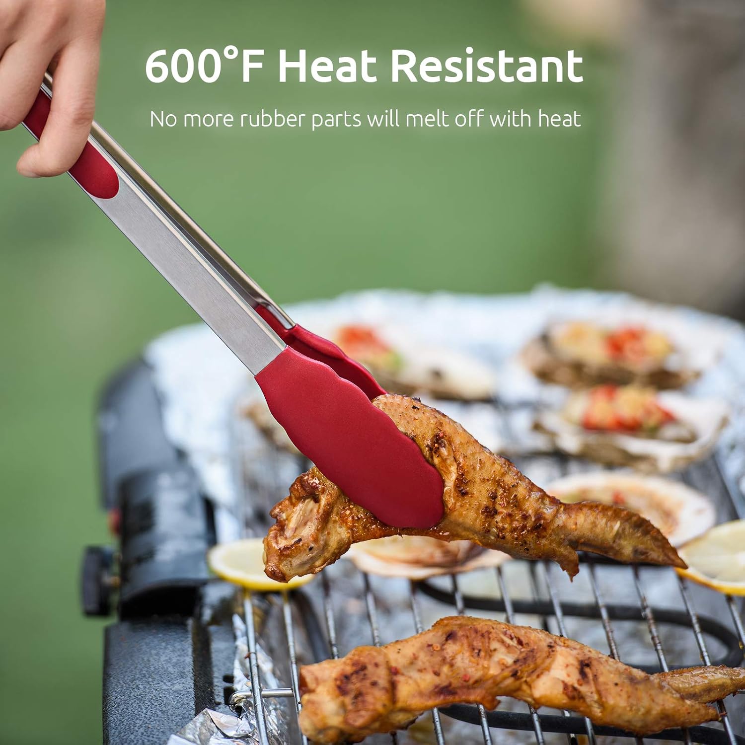 600ºF Heat Resistant 7/9/12 inches Silicone Cooking Tongs with Non Stick Rubber Tips (Red) and 8