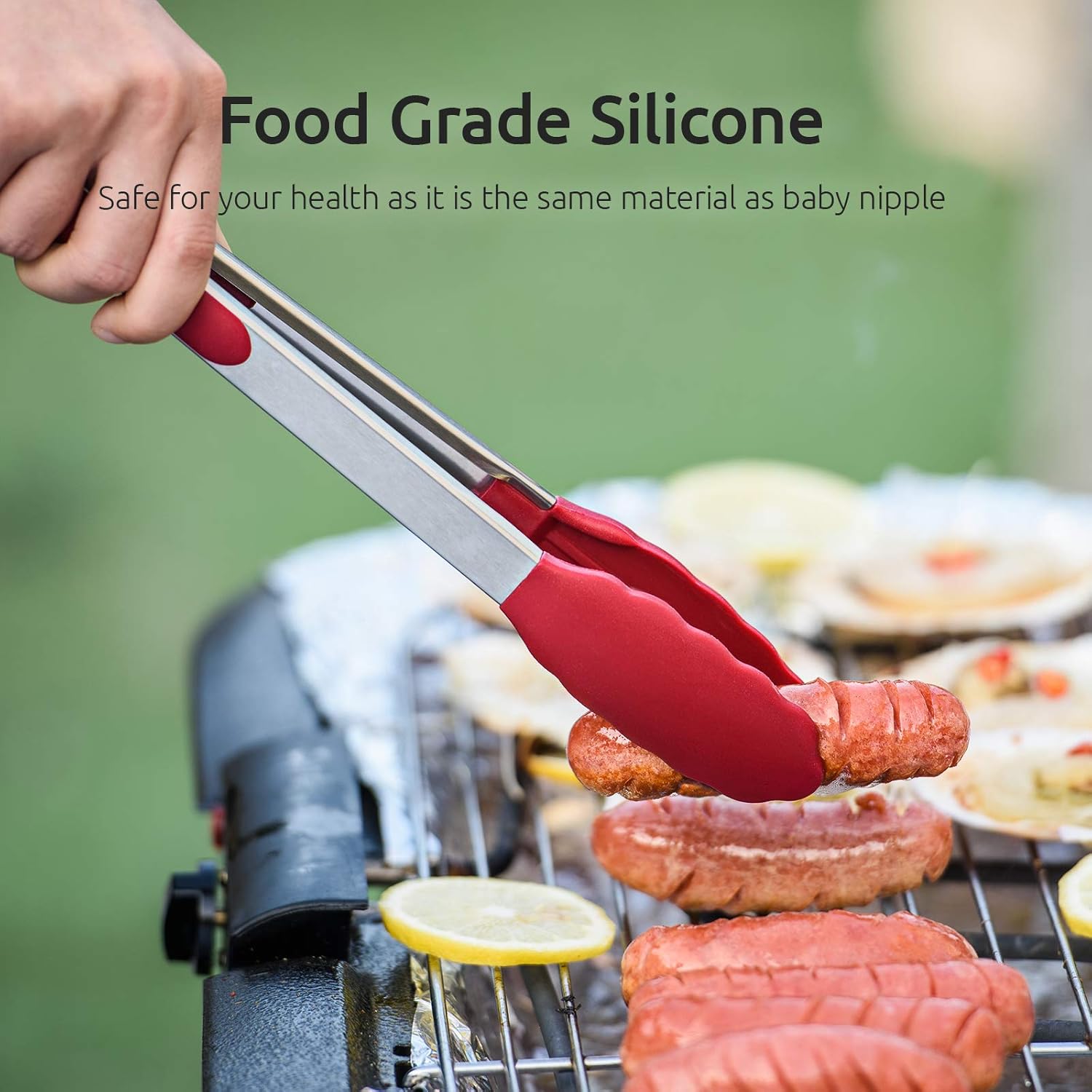 600ºF Heat Resistant 7/9/12 inches Silicone Cooking Tongs with Non Stick Rubber Tips (Red) and 8