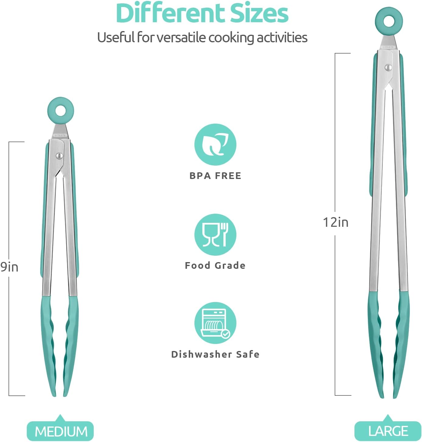 600ºF Heat Resistant 9+12 in Silicone Cooking Tongs with Non Stick Rubber Tips (Aqua Sky) and 12