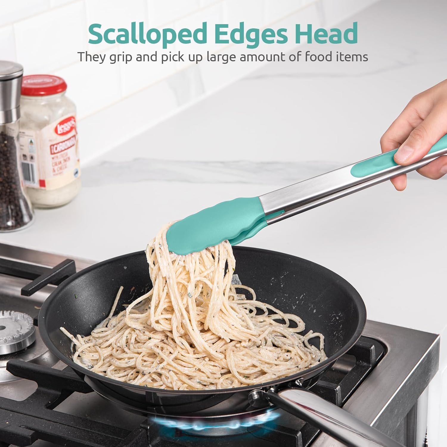 600ºF Heat Resistant 9+12 in Silicone Cooking Tongs with Non Stick Rubber Tips (Aqua Sky) and 12
