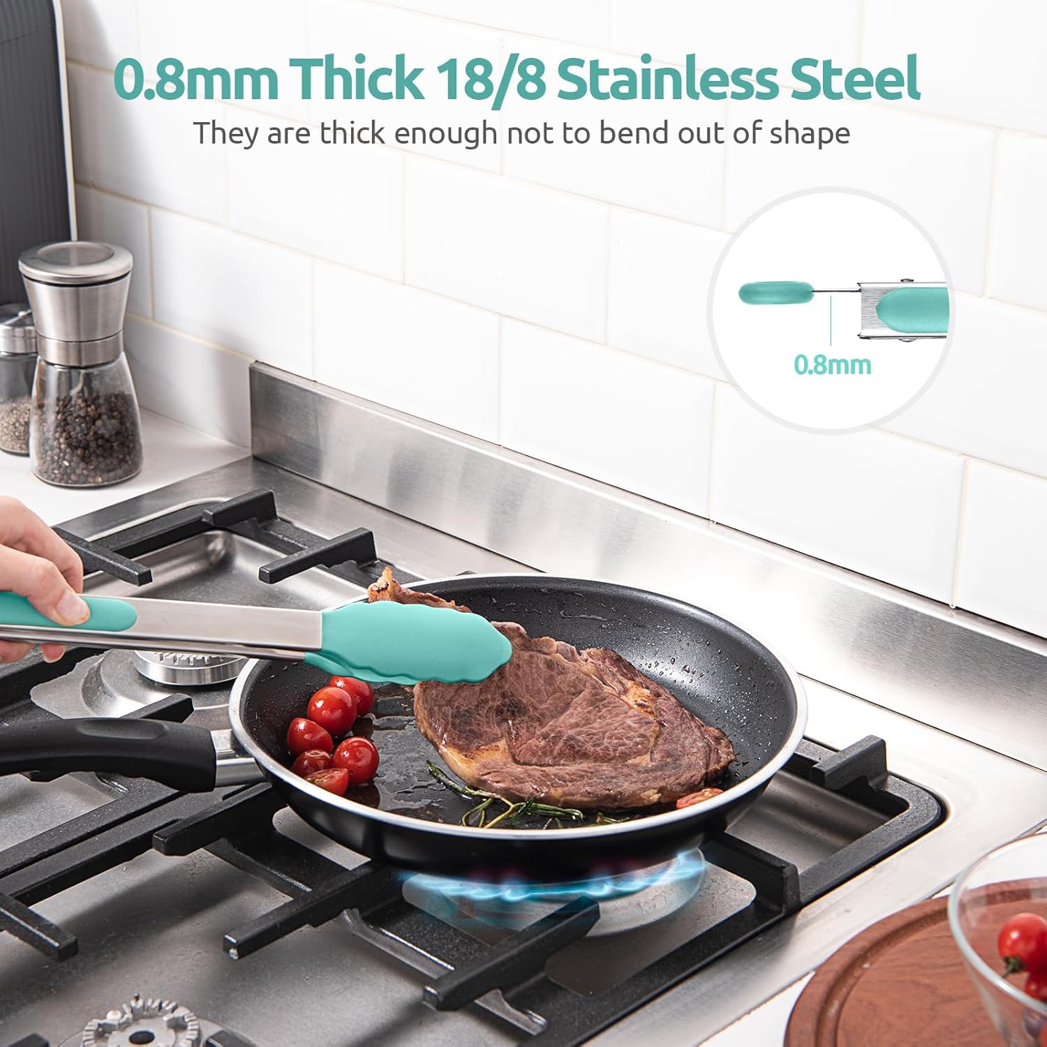600ºF Heat Resistant 9+12 in Silicone Cooking Tongs with Non Stick Rubber Tips (Aqua Sky) and 12