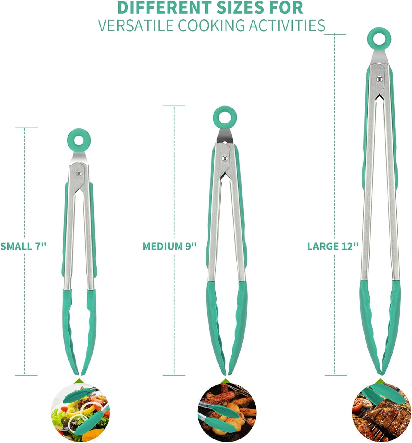 600ºF Heat Resistant 7/9/12 inches Silicone Cooking Tongs with Non Stick Rubber Tips (Aqua Sky) and 8