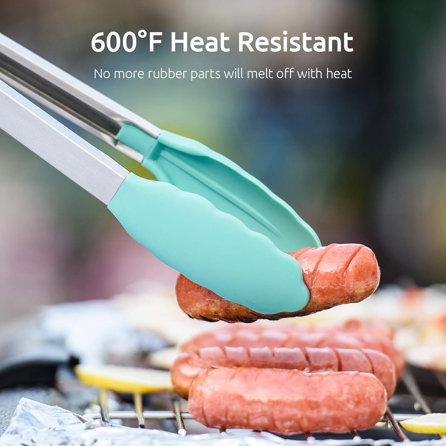 600ºF Heat Resistant 7/9/12 inches Silicone Cooking Tongs with Non Stick Rubber Tips (Aqua Sky) and 8