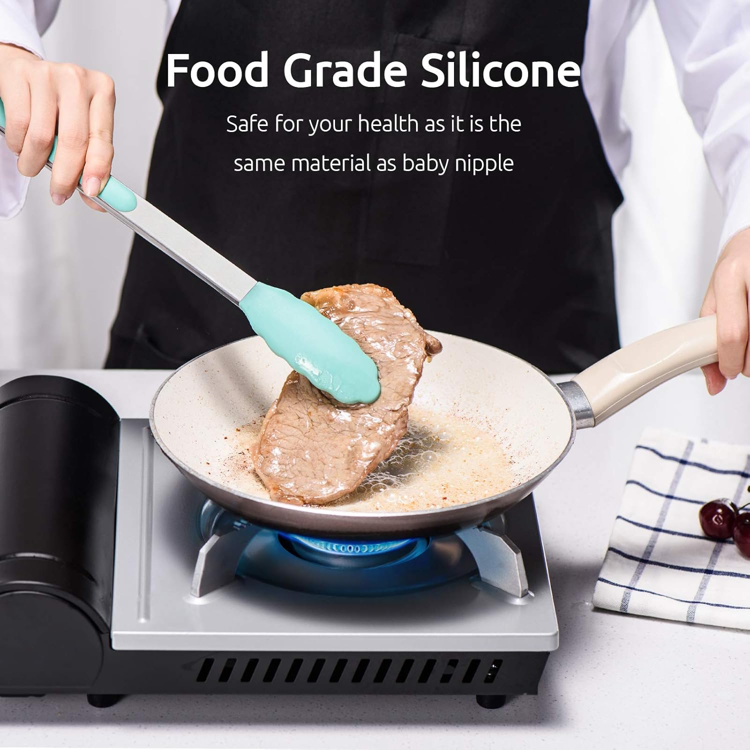 600ºF Heat Resistant 7/9/12 inches Silicone Cooking Tongs with Non Stick Rubber Tips (Aqua Sky) and 8