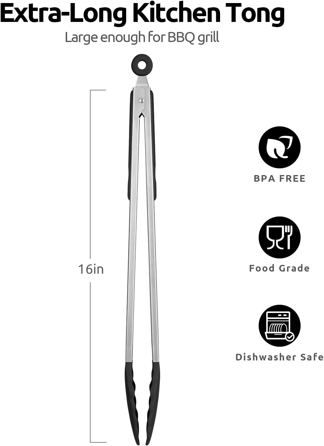 600ºF Heat Resistant 16in Silicone Cooking Tongs with Non Stick Rubber Tips (Black) and 12