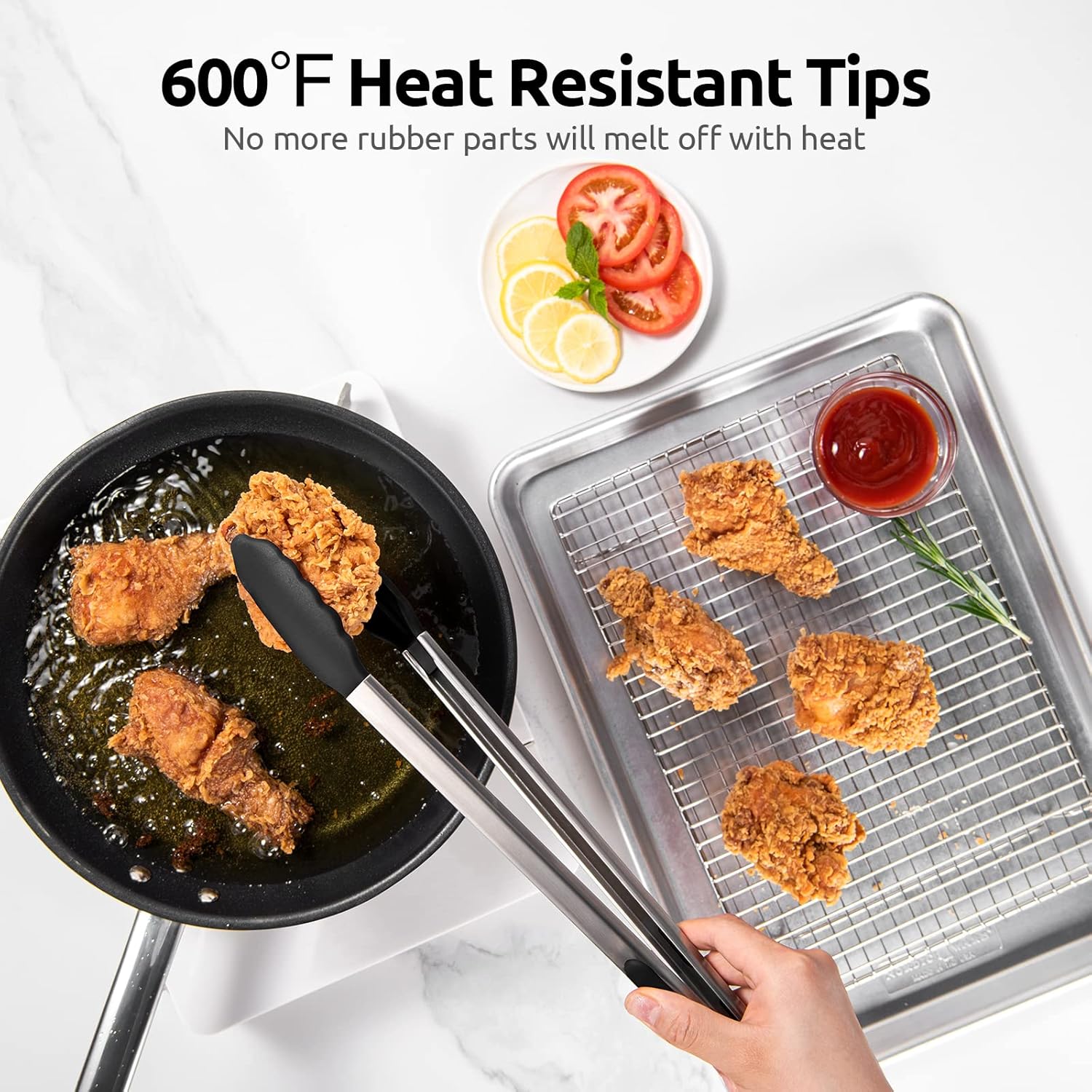 600ºF Heat Resistant 16in Silicone Cooking Tongs with Non Stick Rubber Tips (Black) and 12