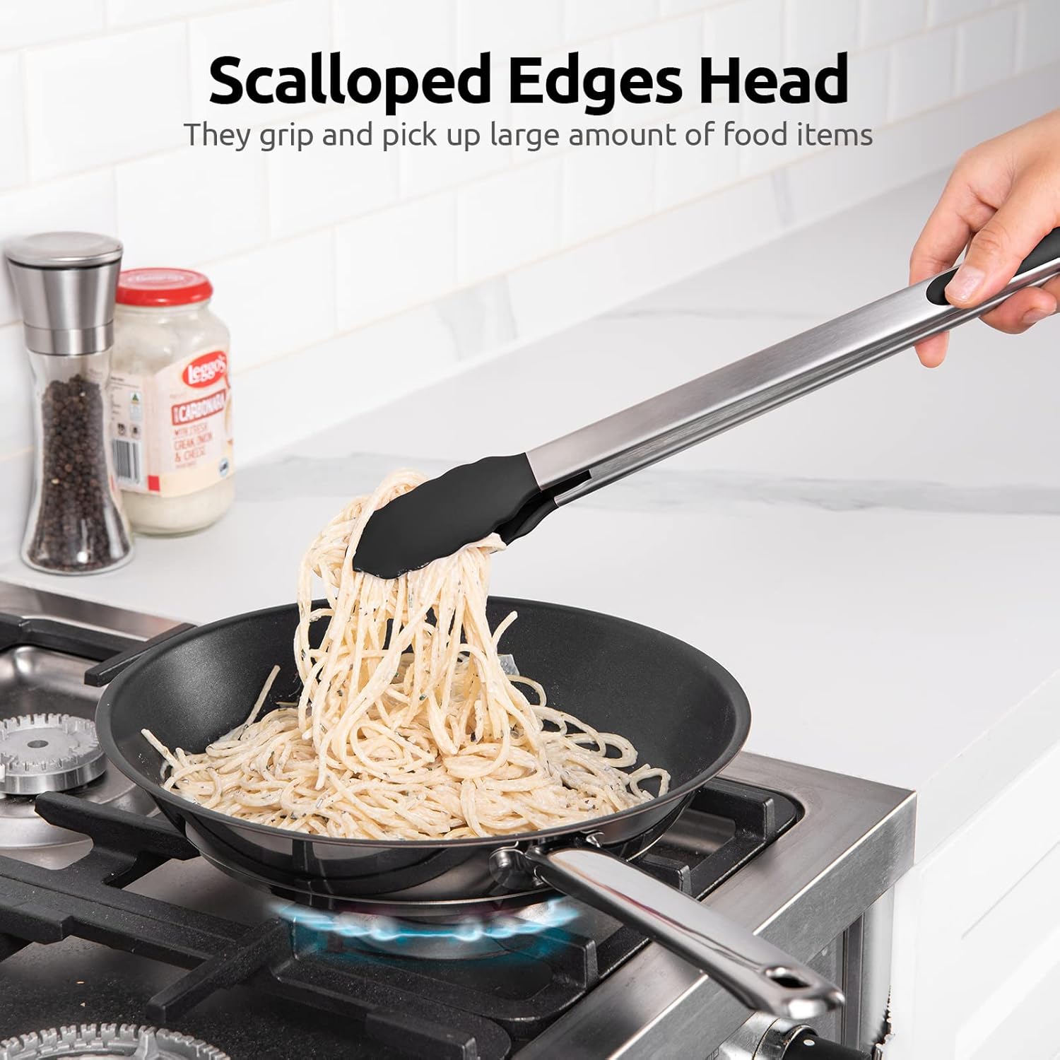 600ºF Heat Resistant 16in Silicone Cooking Tongs with Non Stick Rubber Tips (Black) and 12