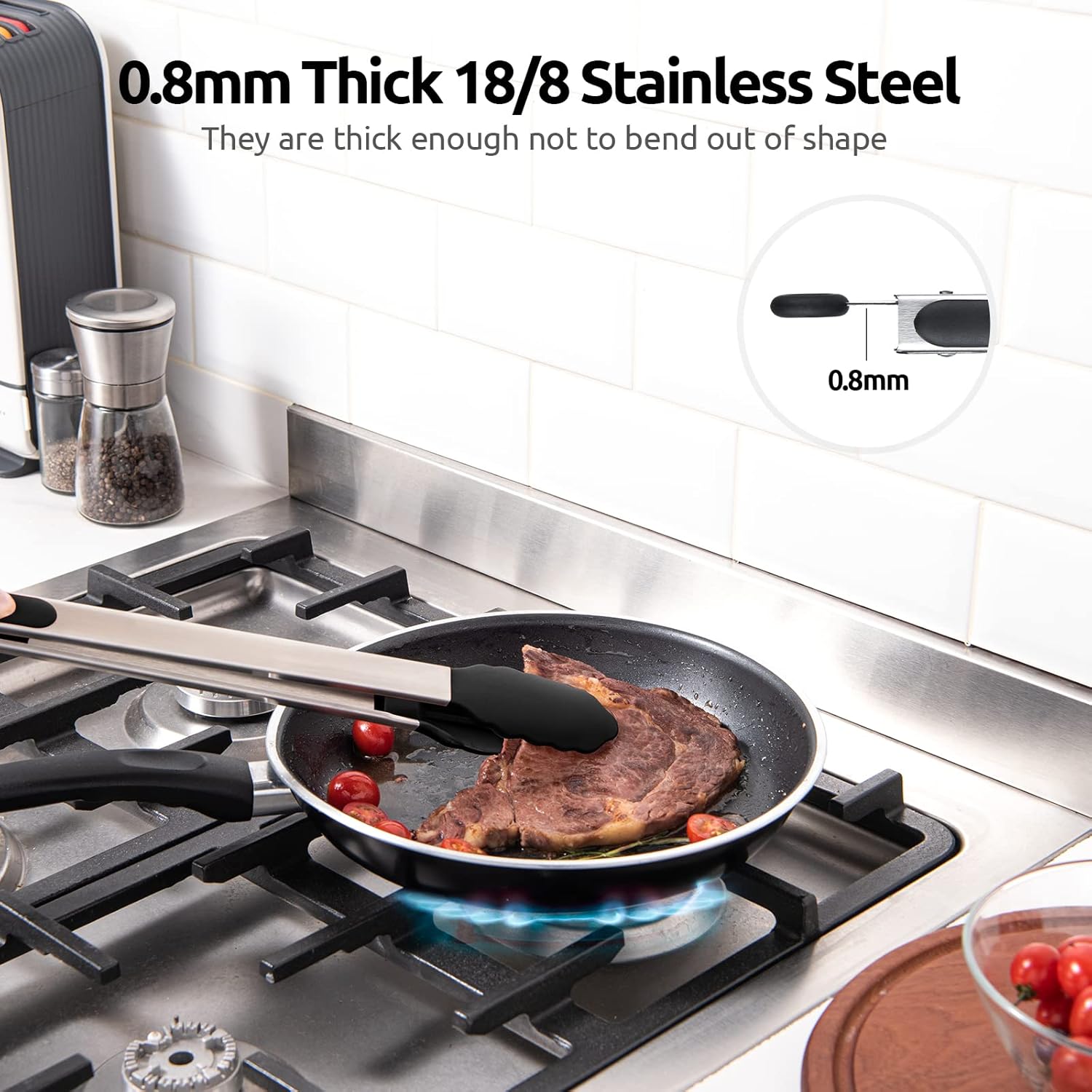 600ºF Heat Resistant 16in Silicone Cooking Tongs with Non Stick Rubber Tips (Black) and 12