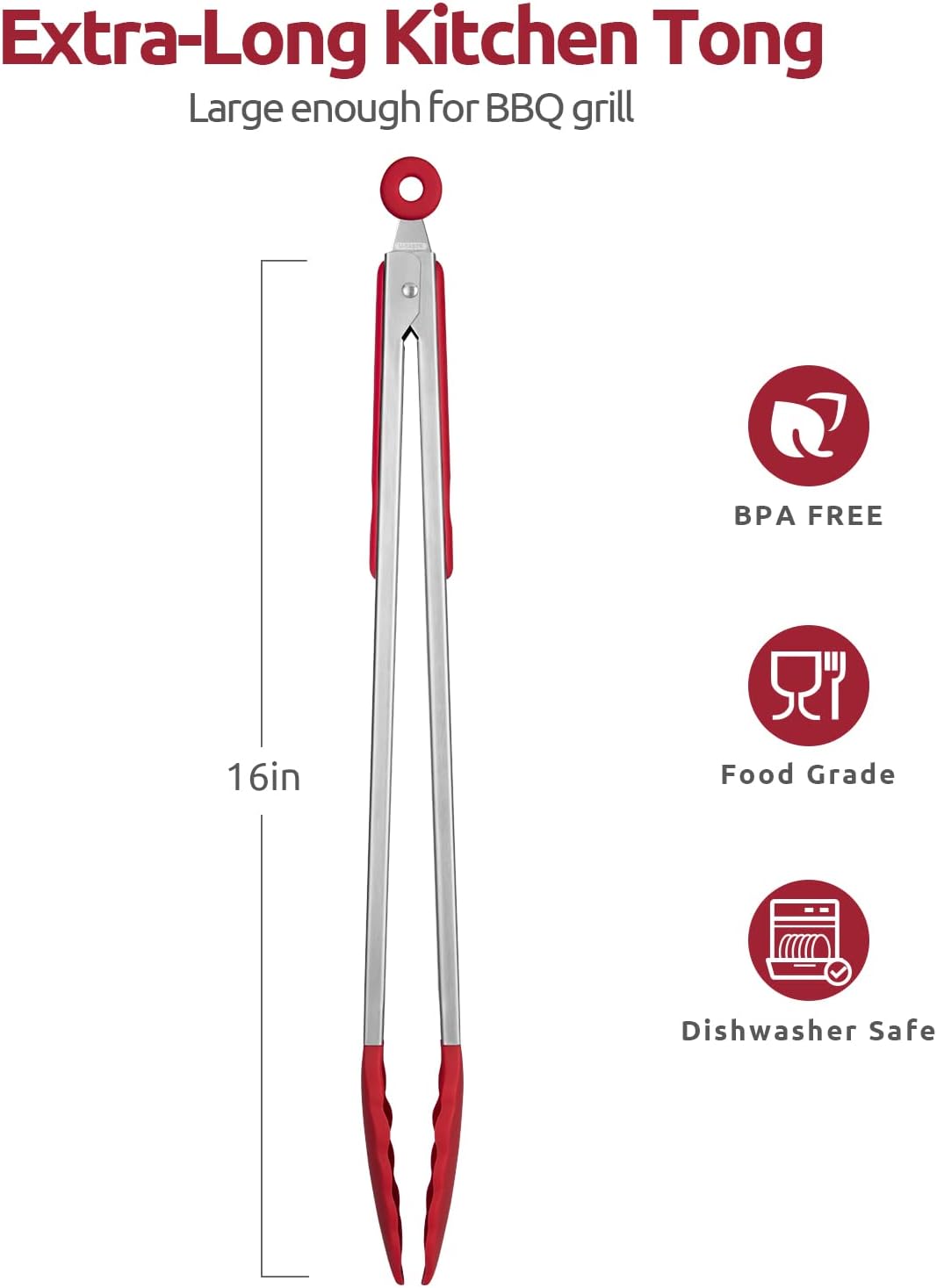 600ºF Heat Resistant 16in Silicone Cooking Tongs with Non Stick Rubber Tips (Red) and 12