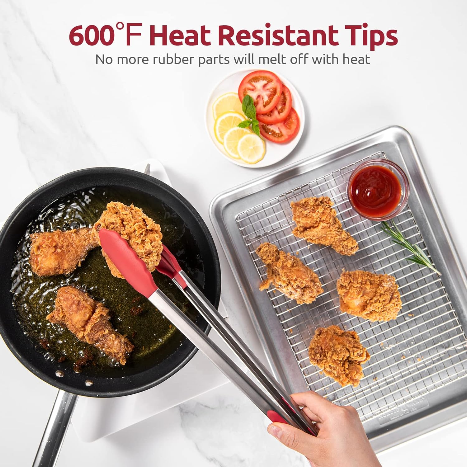 600ºF Heat Resistant 16in Silicone Cooking Tongs with Non Stick Rubber Tips (Red) and 12