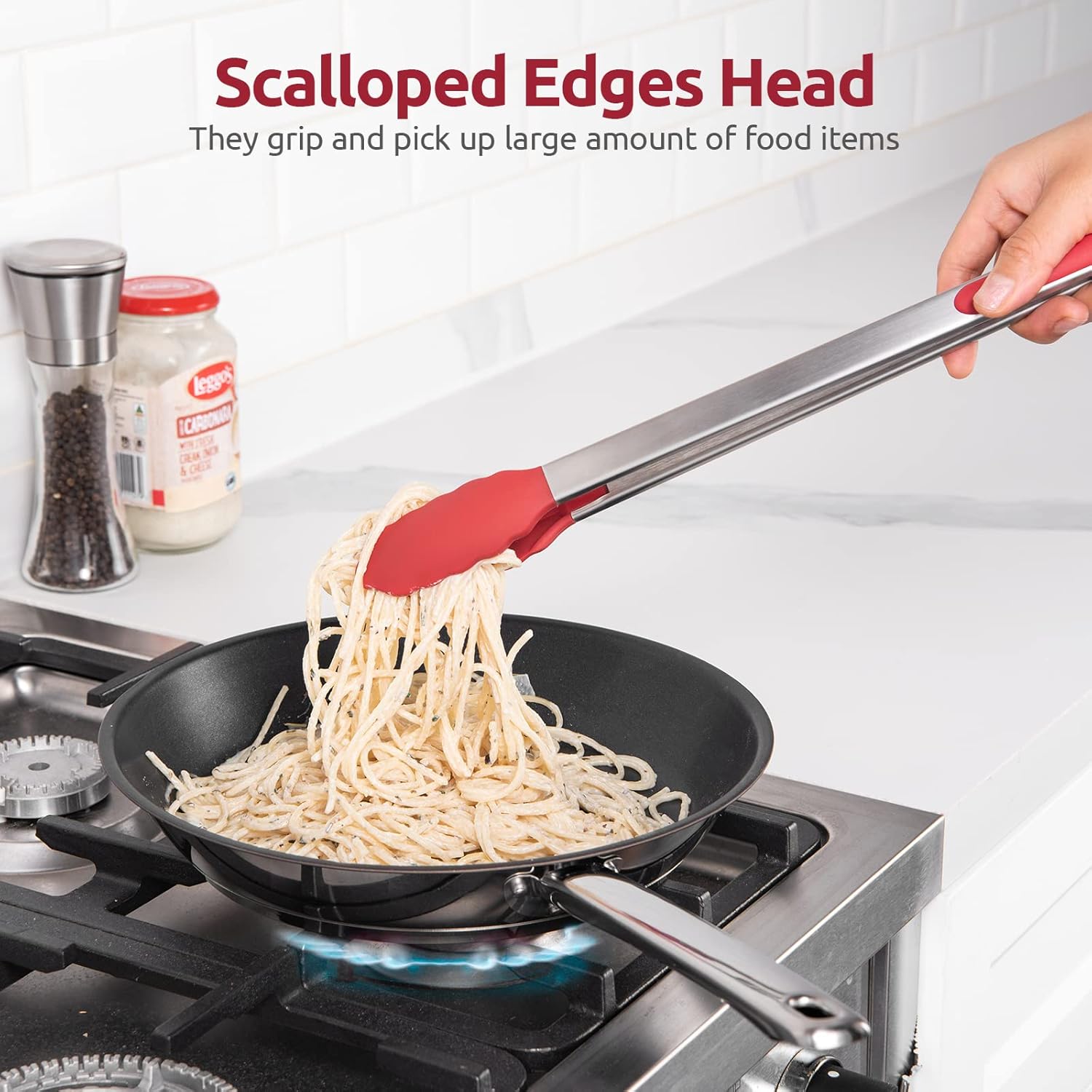 600ºF Heat Resistant 16in Silicone Cooking Tongs with Non Stick Rubber Tips (Red) and 12