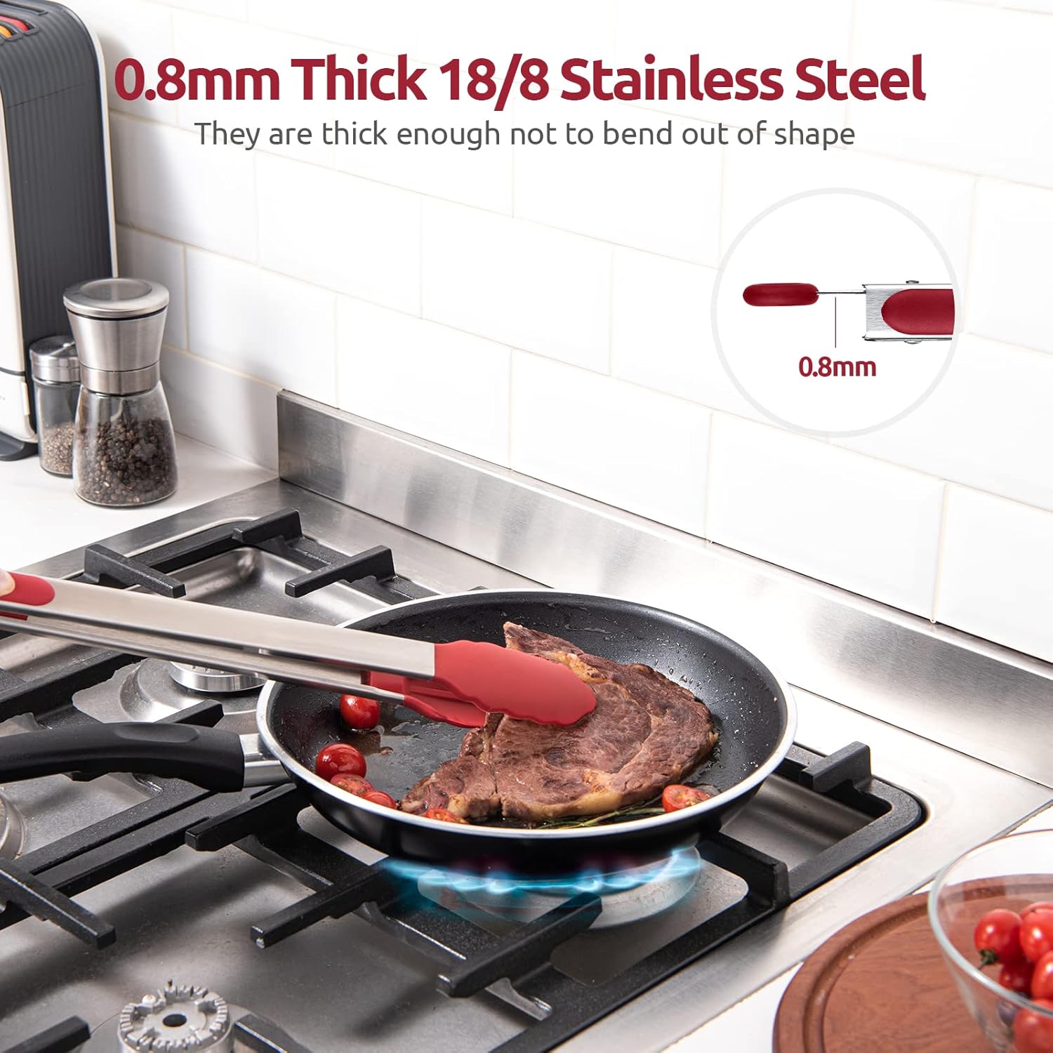 600ºF Heat Resistant 16in Silicone Cooking Tongs with Non Stick Rubber Tips (Red) and 12