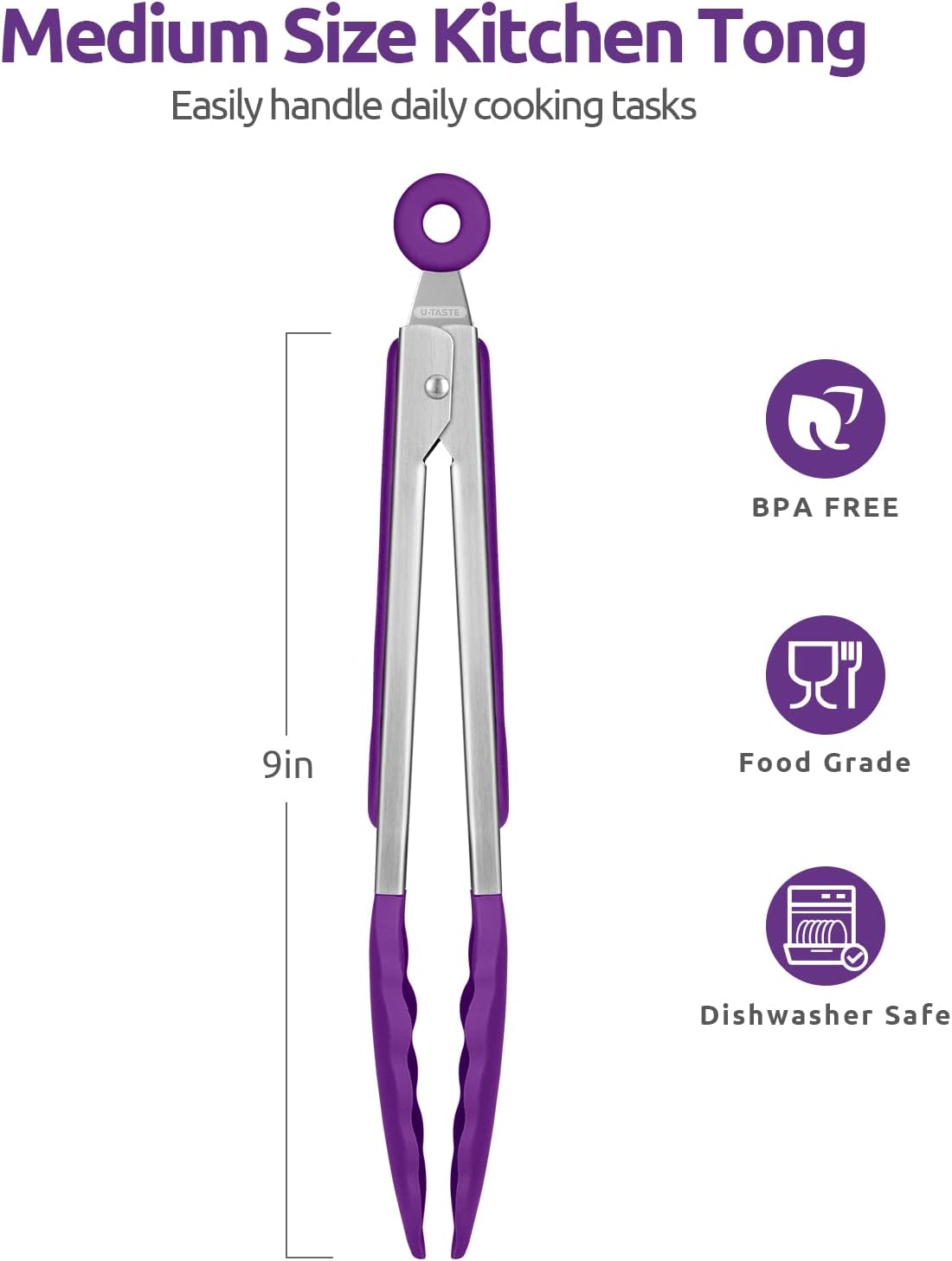 600ºF Heat Resistant 9in Silicone Cooking Tongs with Non Stick Rubber Tips (Purple) and 10