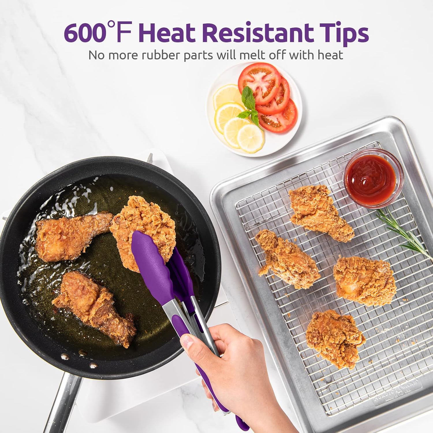 600ºF Heat Resistant 9in Silicone Cooking Tongs with Non Stick Rubber Tips (Purple) and 10
