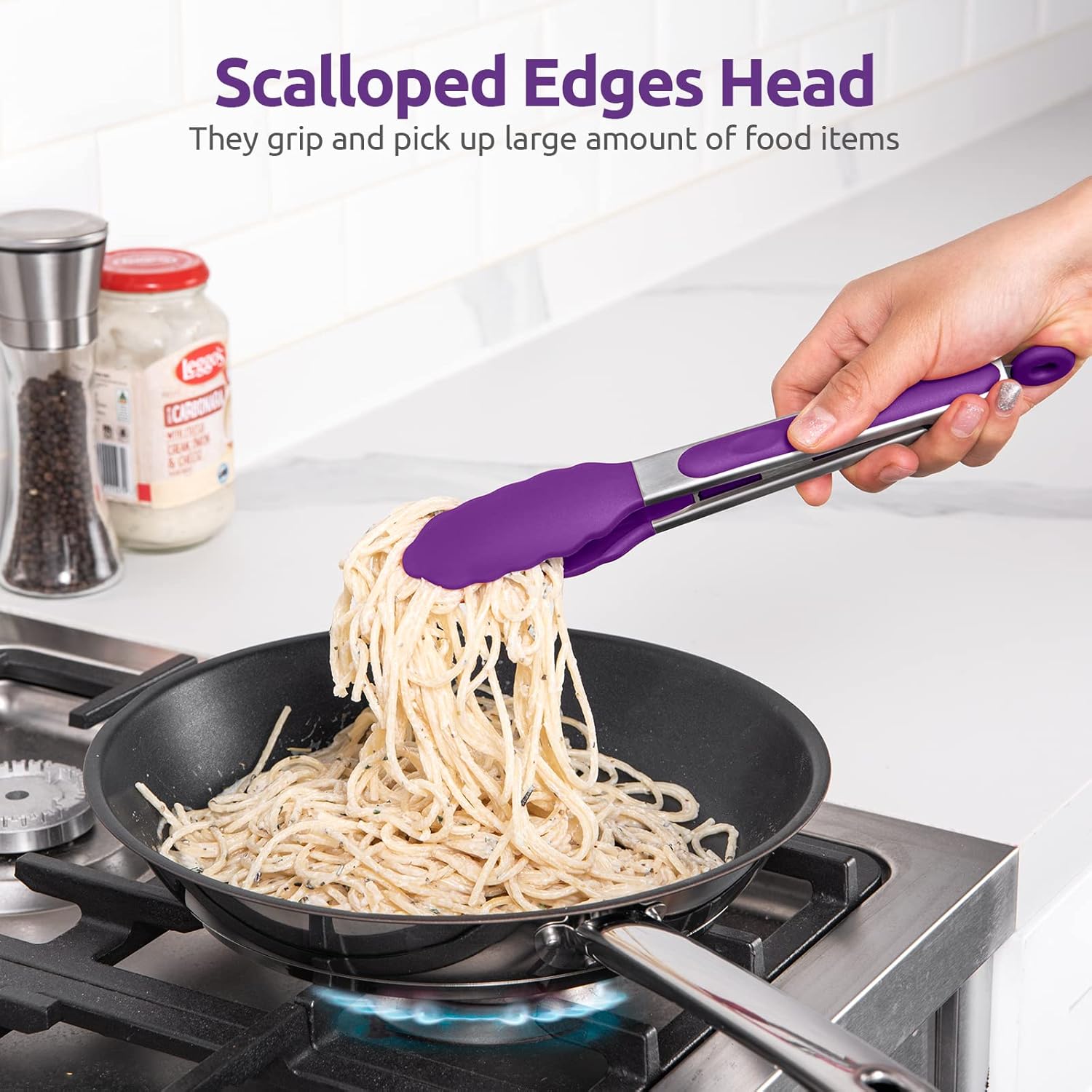 600ºF Heat Resistant 9in Silicone Cooking Tongs with Non Stick Rubber Tips (Purple) and 10