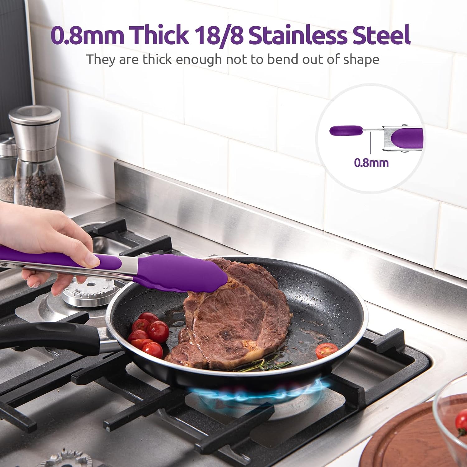 600ºF Heat Resistant 9in Silicone Cooking Tongs with Non Stick Rubber Tips (Purple) and 10