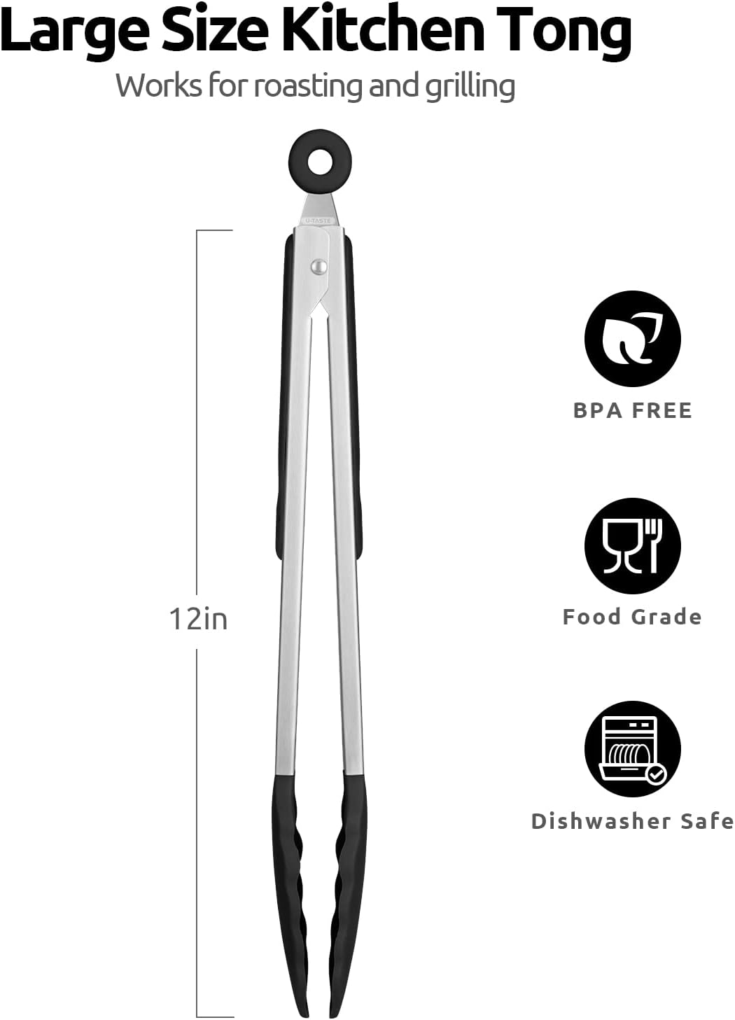 600ºF Heat Resistant 12in Silicone Cooking Tongs with Non Stick Rubber Tips (Black) and 12