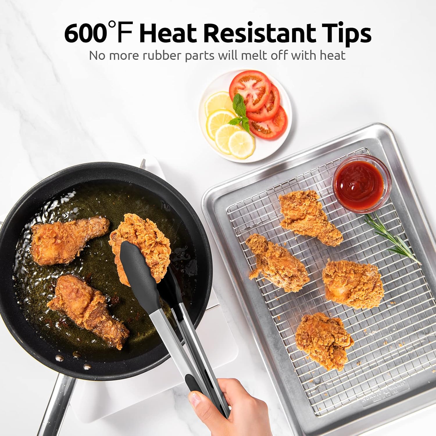 600ºF Heat Resistant 12in Silicone Cooking Tongs with Non Stick Rubber Tips (Black) and 12
