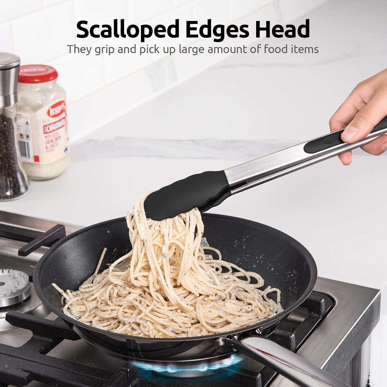 600ºF Heat Resistant 12in Silicone Cooking Tongs with Non Stick Rubber Tips (Black) and 12