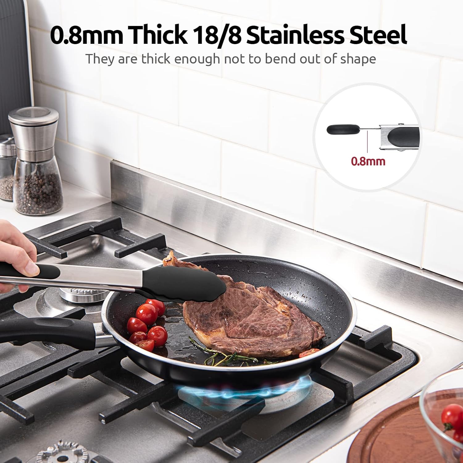 600ºF Heat Resistant 12in Silicone Cooking Tongs with Non Stick Rubber Tips (Black) and 12