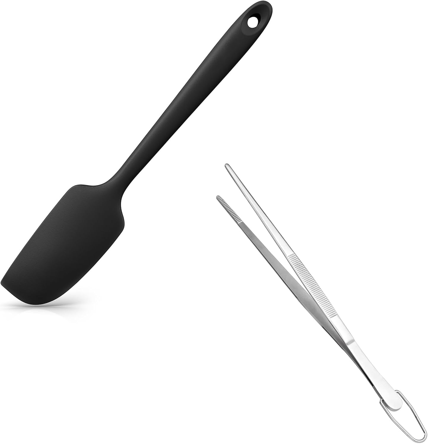 Small Mini Silicone Spatula: 9×2inch 600ºF Heat-Resistant Food-Grade Jar Scraper (Black) and 8in Kitchen Plating Tweezer: 18/8 Stainless Steel Food-Grade Metal Food Tong (Pointed Tip) - Image 1