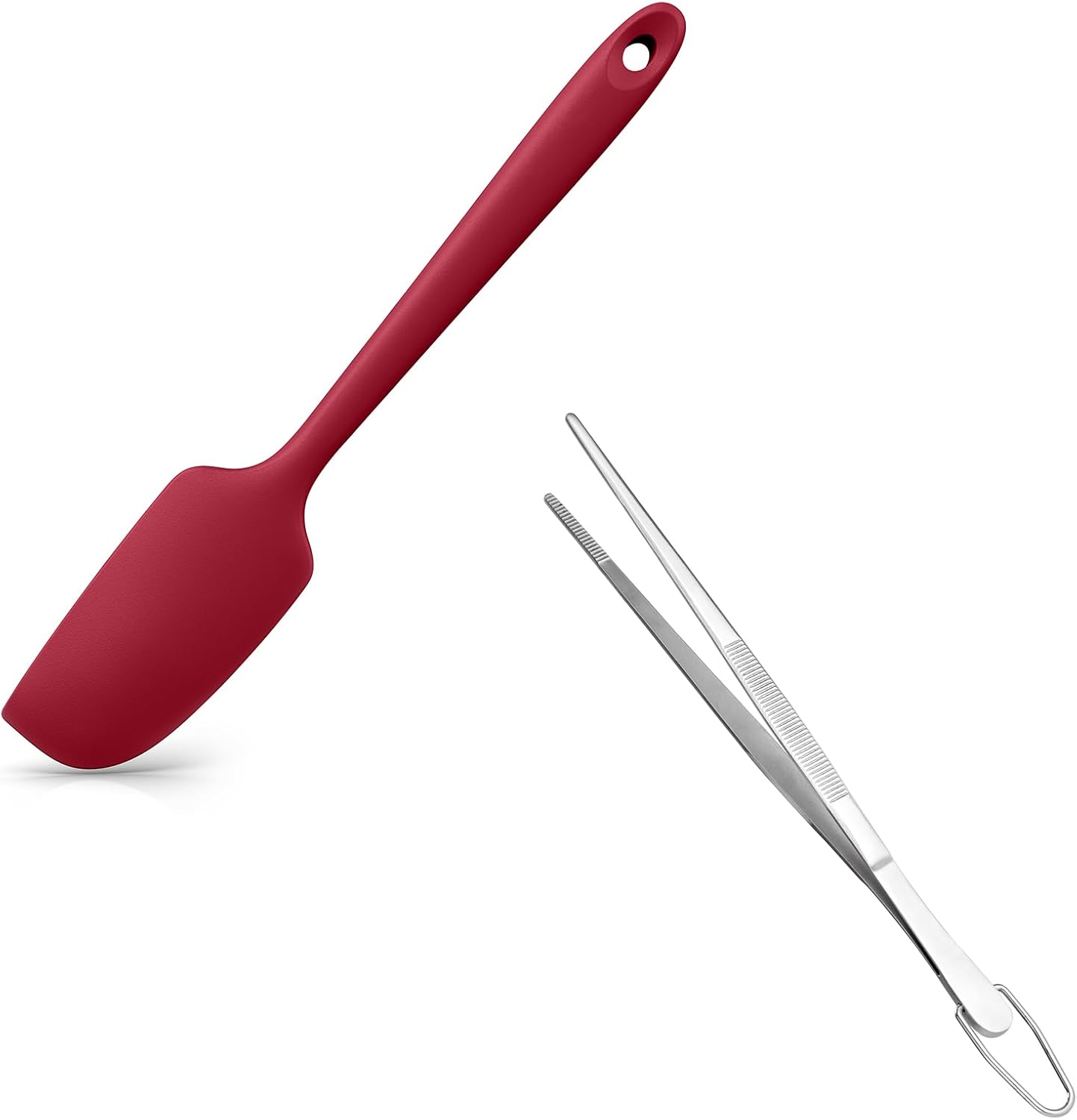 Small Mini Silicone Spatula: 9×2inch 600ºF Heat-Resistant Food-Grade Jar Scraper (Red) and 8in Kitchen Plating Tweezer: 18/8 Stainless Steel Food-Grade Metal Food Tong (Pointed Tip) - Image 1