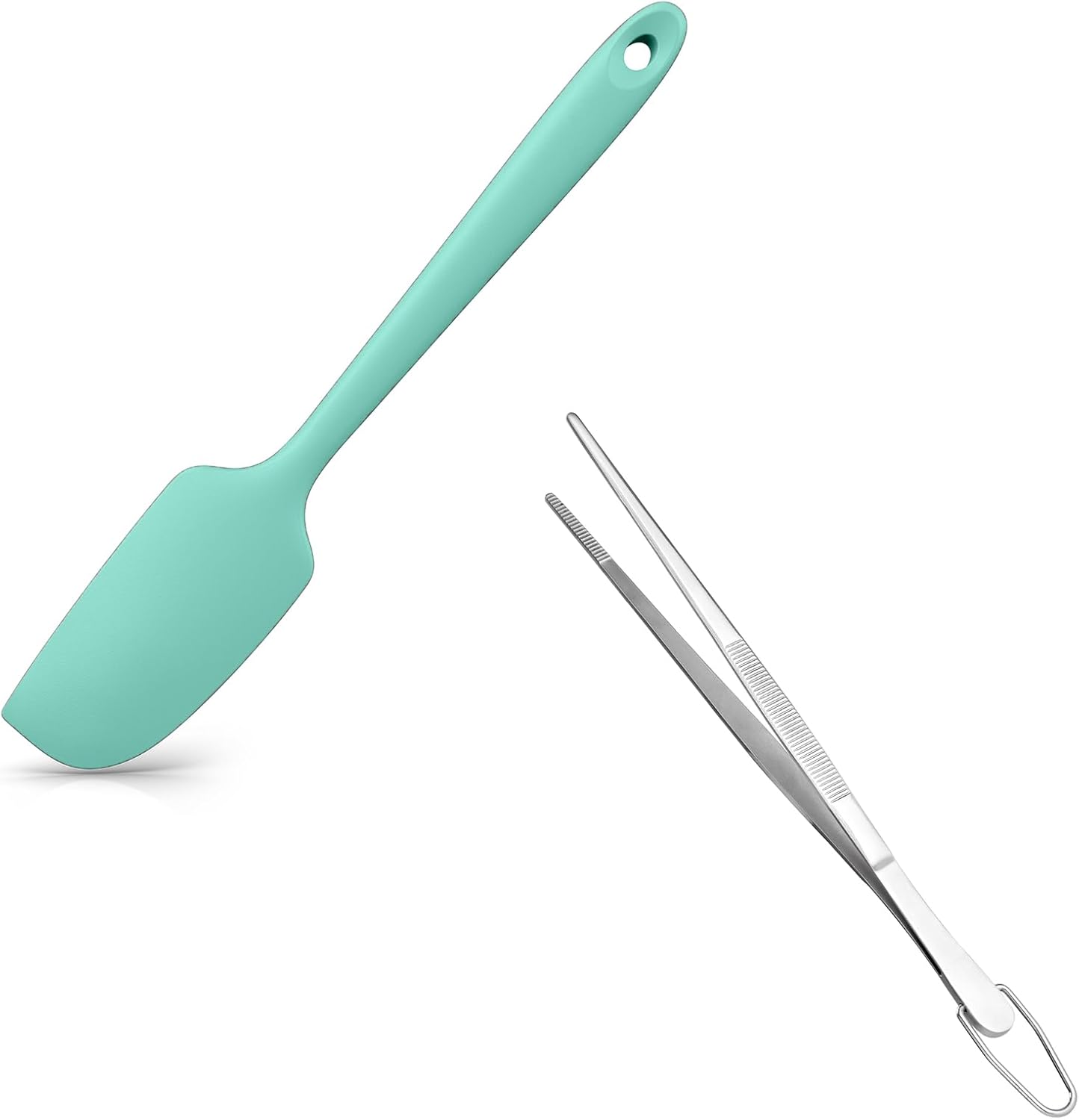 Small Mini Silicone Spatula: 9×2inch 600ºF Heat-Resistant Food-Grade Jar Scraper (Aqua Sky) and 8in Kitchen Plating Tweezer: 18/8 Stainless Steel Food-Grade Metal Food Tong (Pointed Tip) - Image 1