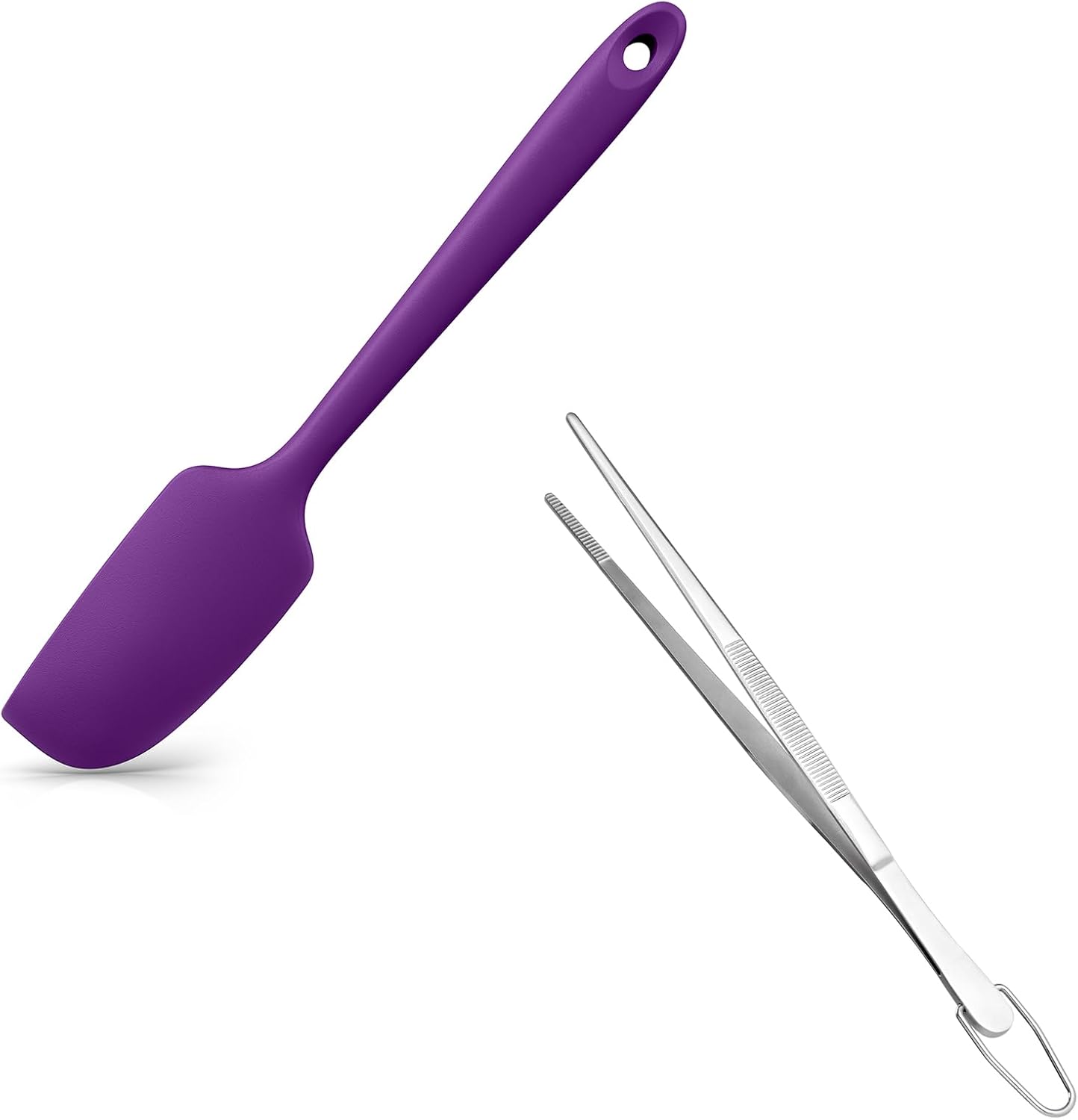 Small Mini Silicone Spatula: 9×2inch 600ºF Heat-Resistant Food-Grade Jar Scraper (Purple) and 8in Kitchen Plating Tweezer: 18/8 Stainless Steel Food-Grade Metal Food Tong (Pointed Tip) - Image 1