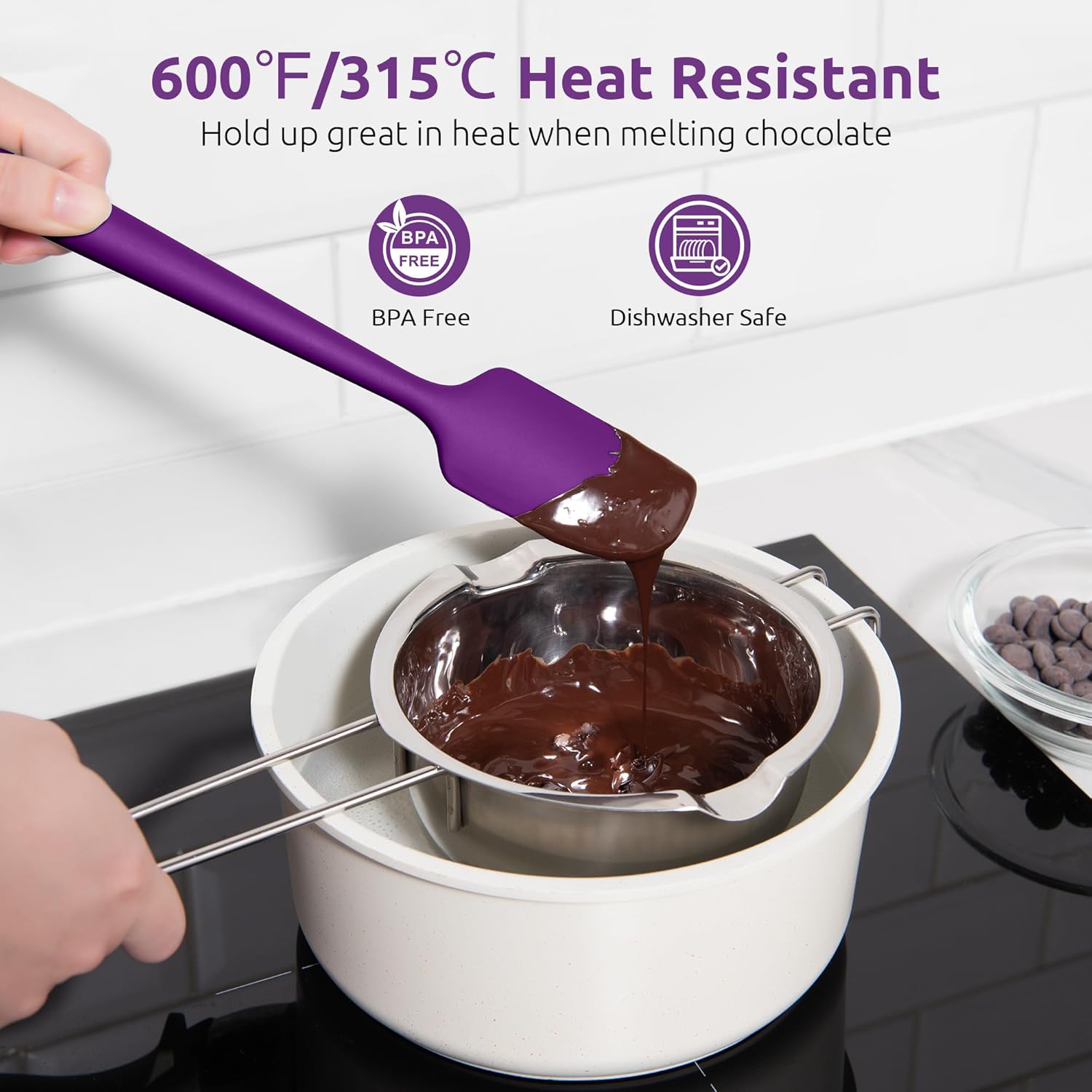 Small Mini Silicone Spatula: 9×2inch 600ºF Heat-Resistant Food-Grade Jar Scraper (Purple) and 8in Kitchen Plating Tweezer: 18/8 Stainless Steel Food-Grade Metal Food Tong (Pointed Tip) - Image 4